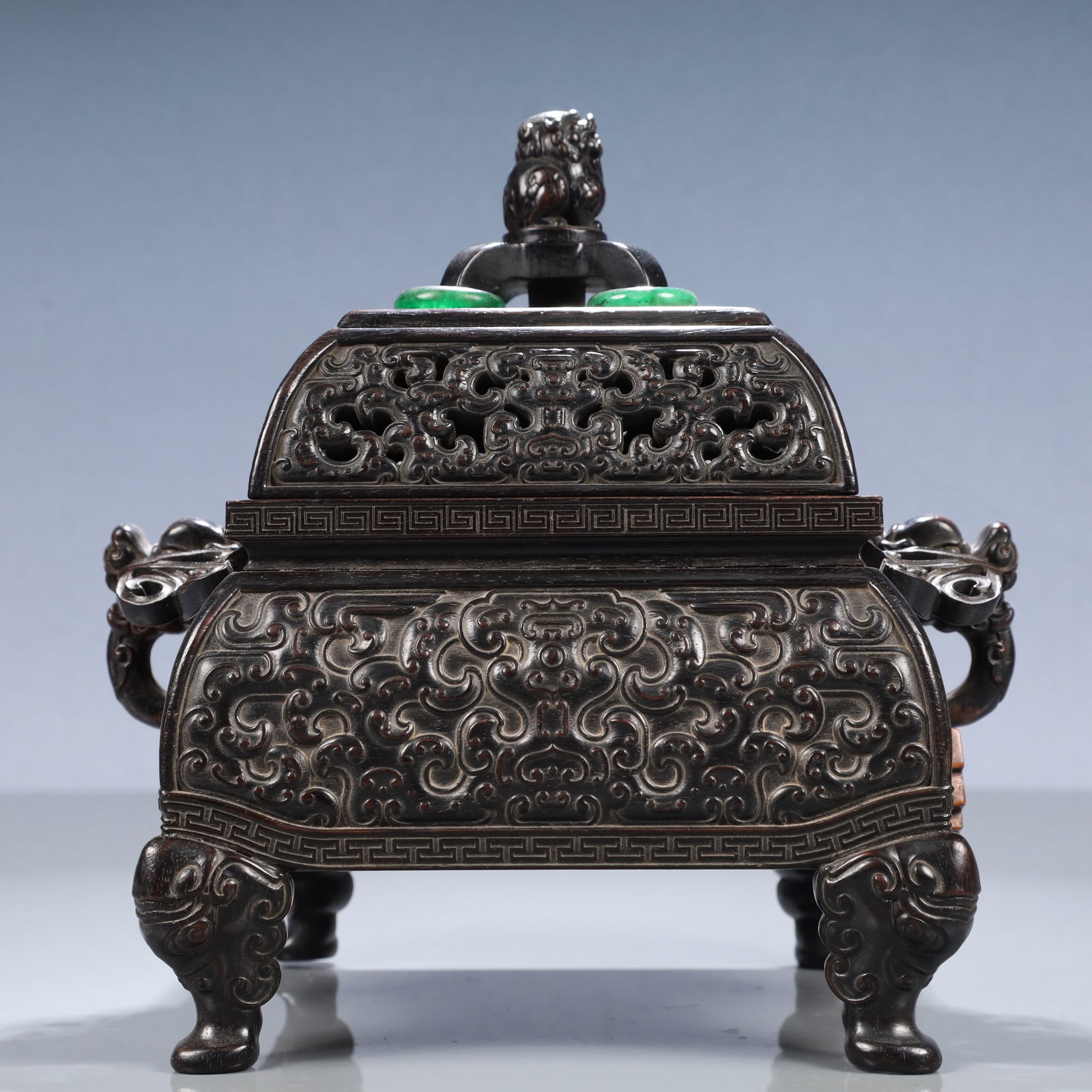 An Exquisite Zitanwood Chi-Dragon Pattern Elephant-Ears Four Legs Censer: An Exquisite Zitanwood Chi-Dragon Pattern Elephant-Ears Four Legs Censer,Qing Dynasty, China,Qianlong Four-character Mark,Size:7.9inx5.9inx8.3in,Weight:800g 紫檀木螭龙