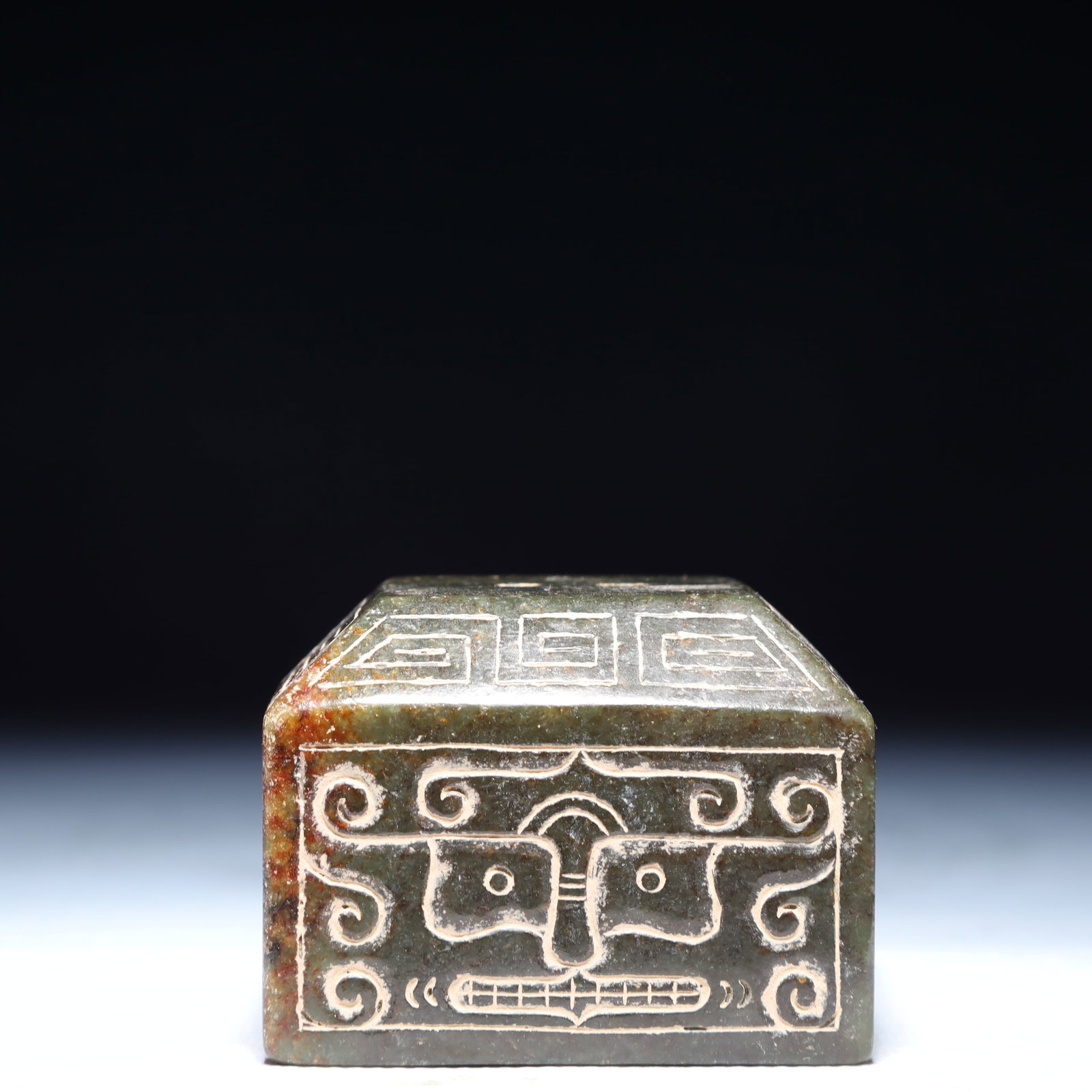 An Exquisite Green Jade Beast-Face Pattern Seal: An Exquisite Green Jade Beast-Face Pattern Seal,Qing Dynasty,China,Size:2.6inx2inx1.9in,Weight:450g 青玉兽面纹印章,中国清代