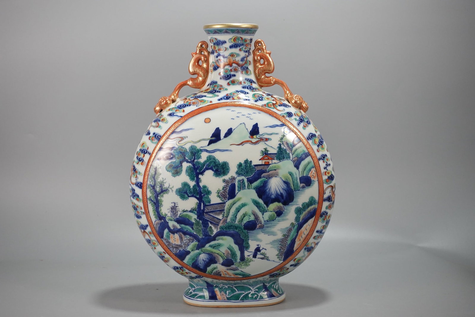 A Huge Blue and White Doucai Painted Gold Landscape and Figure Pattern Double-Ears Vase: A Huge Blue and White Doucai Painted Gold Landscape and Figure Pattern Double-Ears Vase,Qing Dynasty,China,Qianlong Six-character Mark,Size:16.3inx11.8in 青花斗彩描ດ