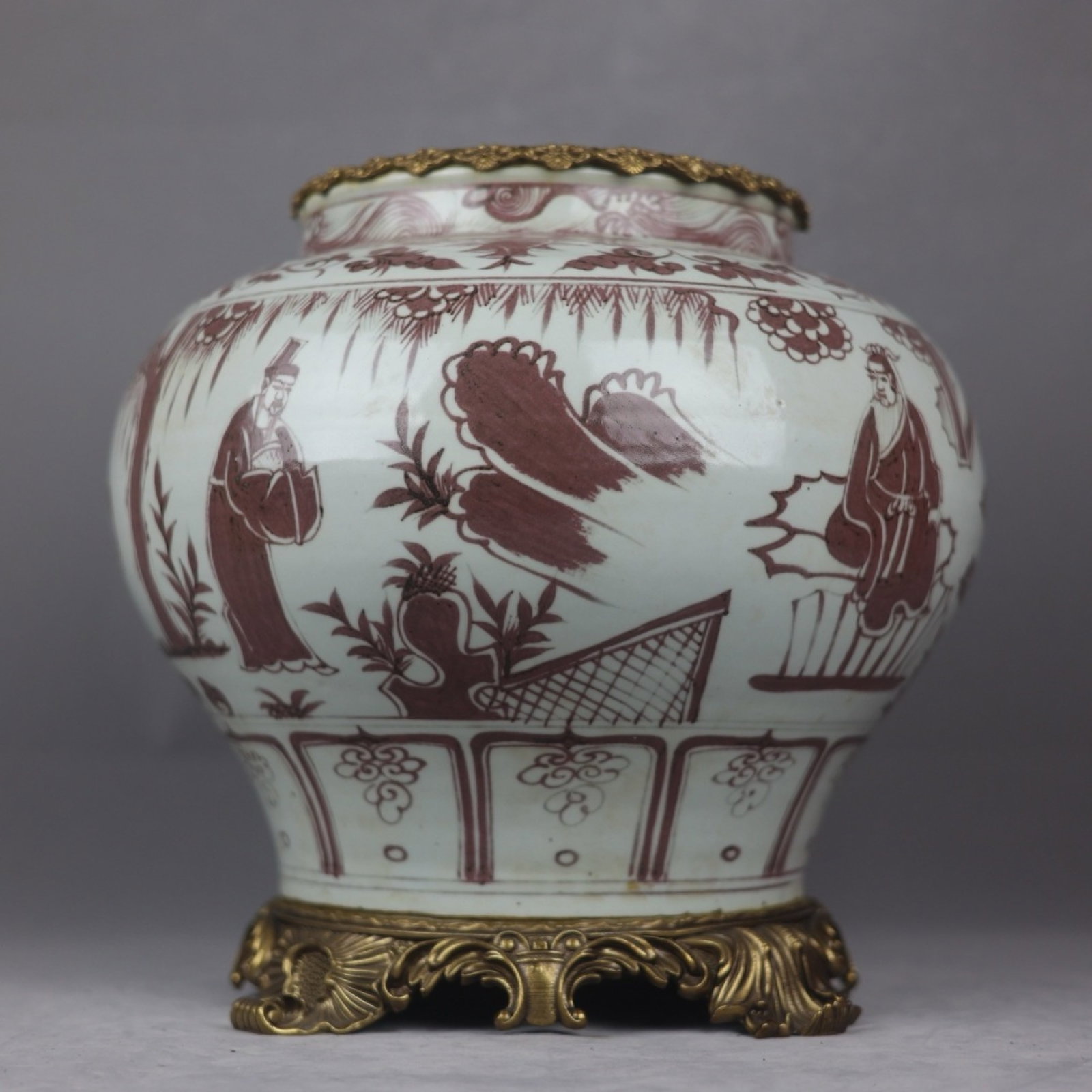 A Rare Underglaze-Red Inlaid Bronze Figure Pattern Jar: A Rare Underglaze-Red Inlaid Bronze Figure Pattern Jar,Yuan Dynasty,China,Size:13.4inx8.7inx11.8inx9.8in 釉里红镶铜人物纹罐,中国ࠠ