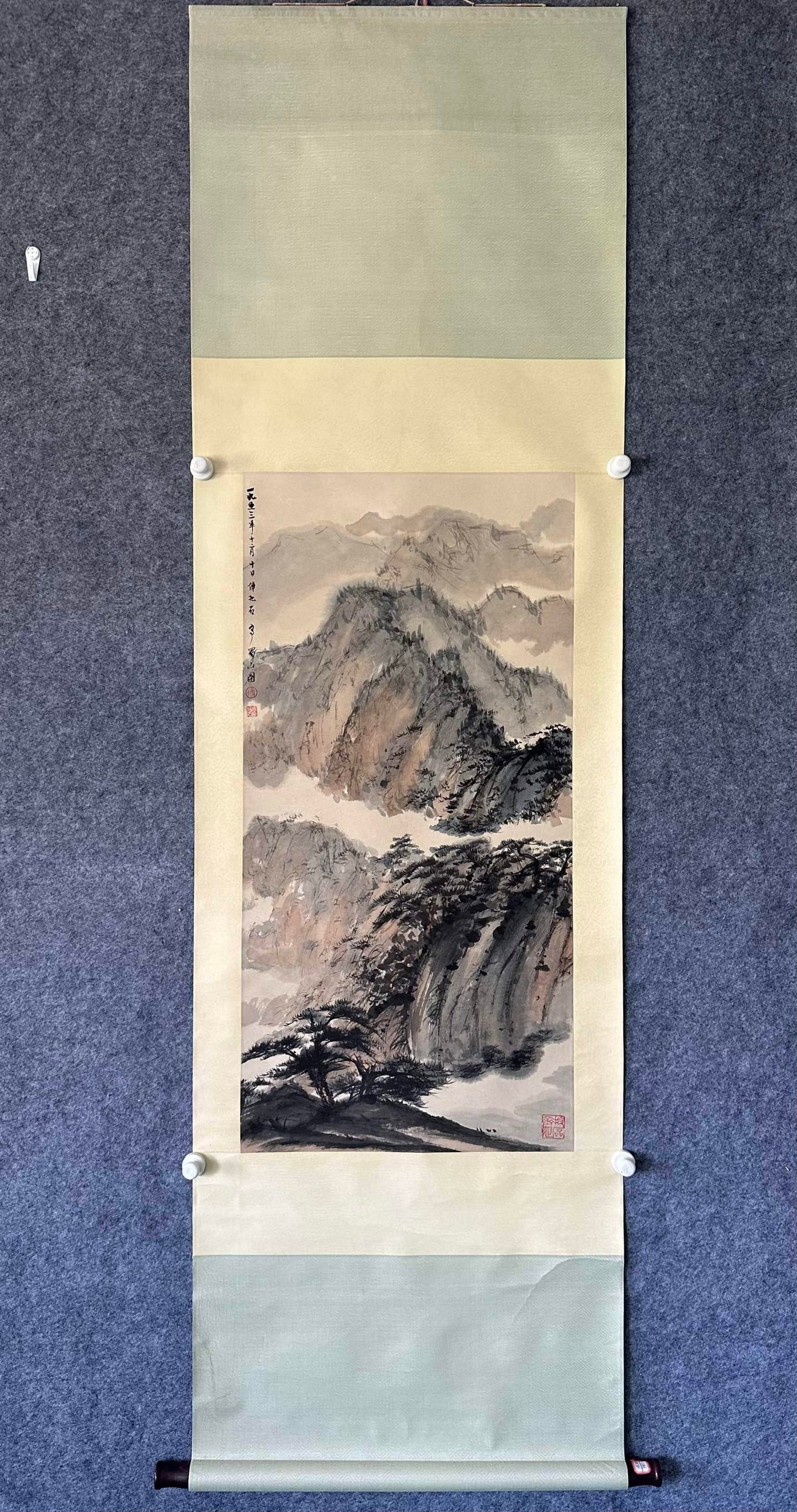 A Chinese Vertical Scroll Ink Painting of Landscape on Paper: A Chinese Vertical Scroll Ink Painting of Landscape on Paper,Fu Baoshi,Size:19.1inx39in 一幅中国水墨山水画立轴,傅抱石