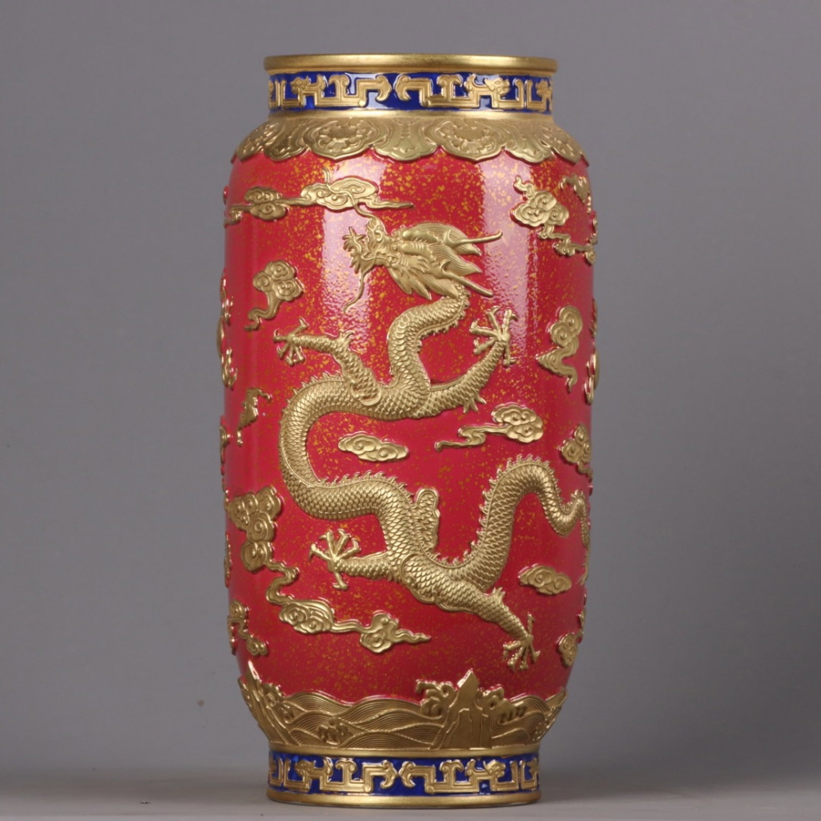 A Rare Ruby Red-Glazed Gilt Auspicious Cloud and Dragon Pattern Vase: A Rare Ruby Red-Glazed Gilt Auspicious Cloud and Dragon Pattern Vase,Qing Dynasty,China,Qianlong Six-character Mark,Size:12.2inx5.9in 胭脂红鎏金祥云龙&#