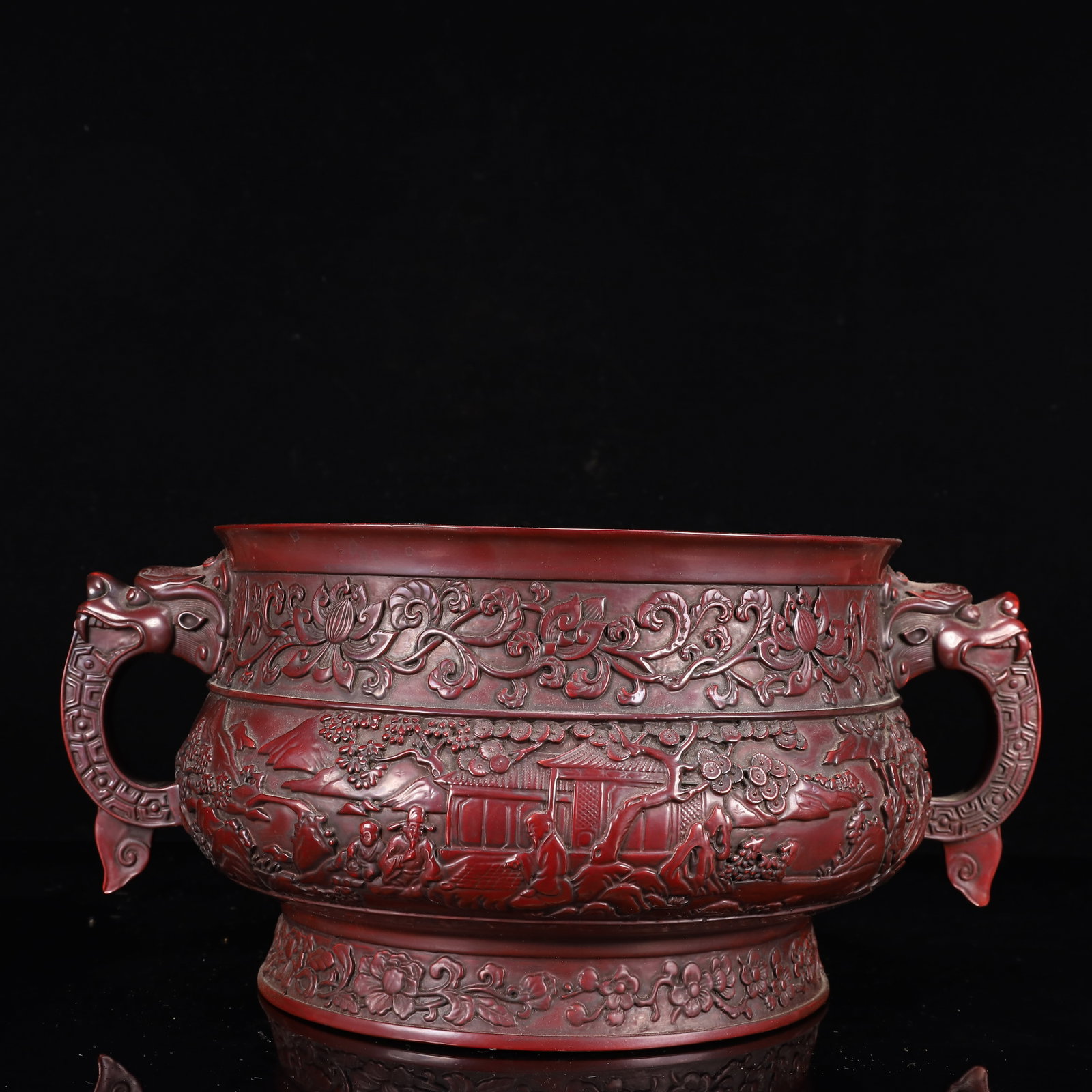 A Huge Carved Red Lacquer Landscape and Figure Pattern Dragon-Ears Censer: A Huge Carved Red Lacquer Landscape and Figure Pattern Dragon-Ears Censer,Qing Dynasty, China,With Mark,Size:15.7inx11.4inx7.5in,Weight:3250g 剔红漆器山水人&#