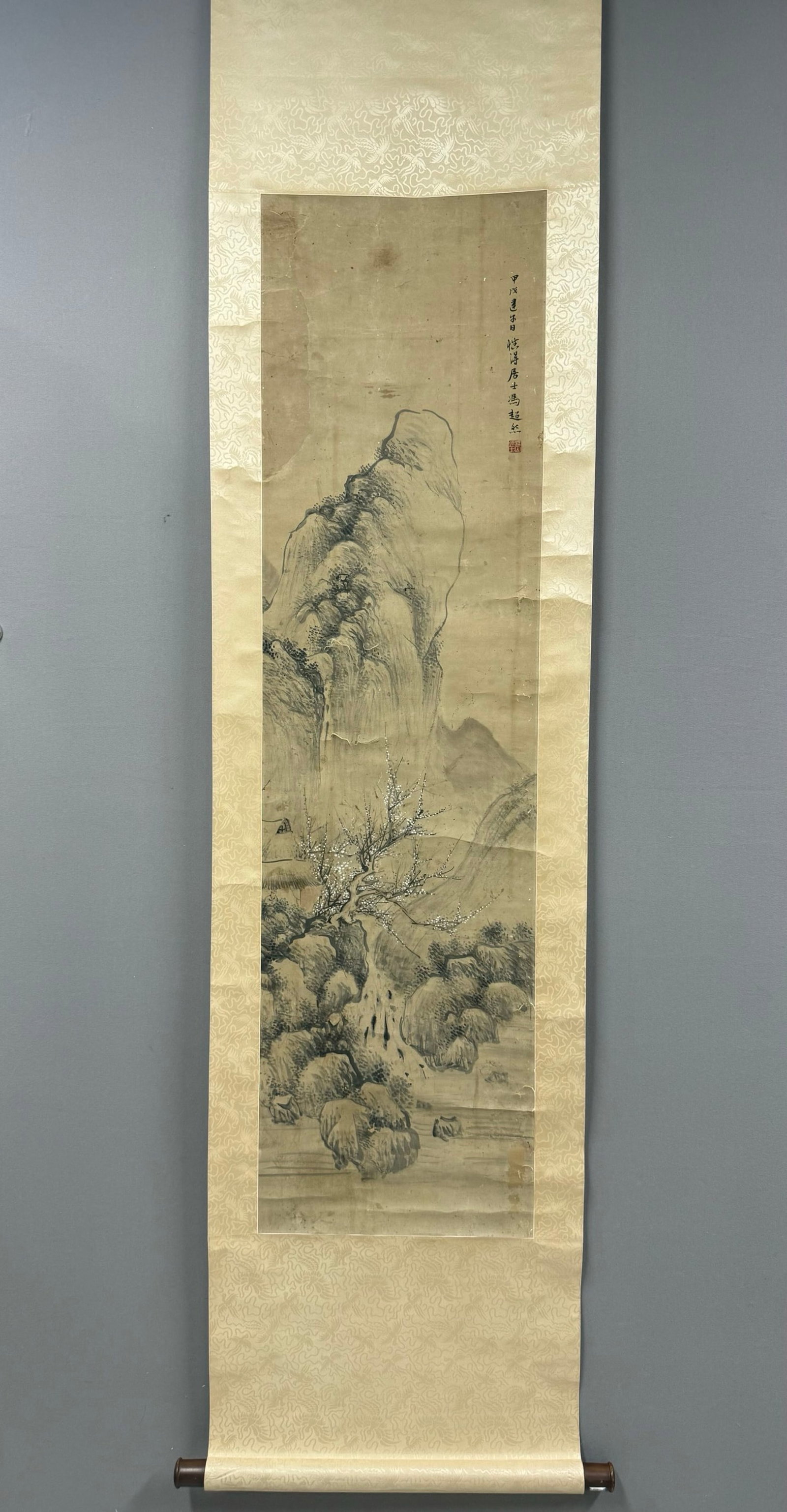 A Chinese Vertical Scroll Ink Painting of Landscape on Paper: A Chinese Vertical Scroll Ink Painting of Landscape on Paper,Feng Chaoran,Size:54.3inx14.6in 一幅中国水墨山水画立轴,冯超&#
