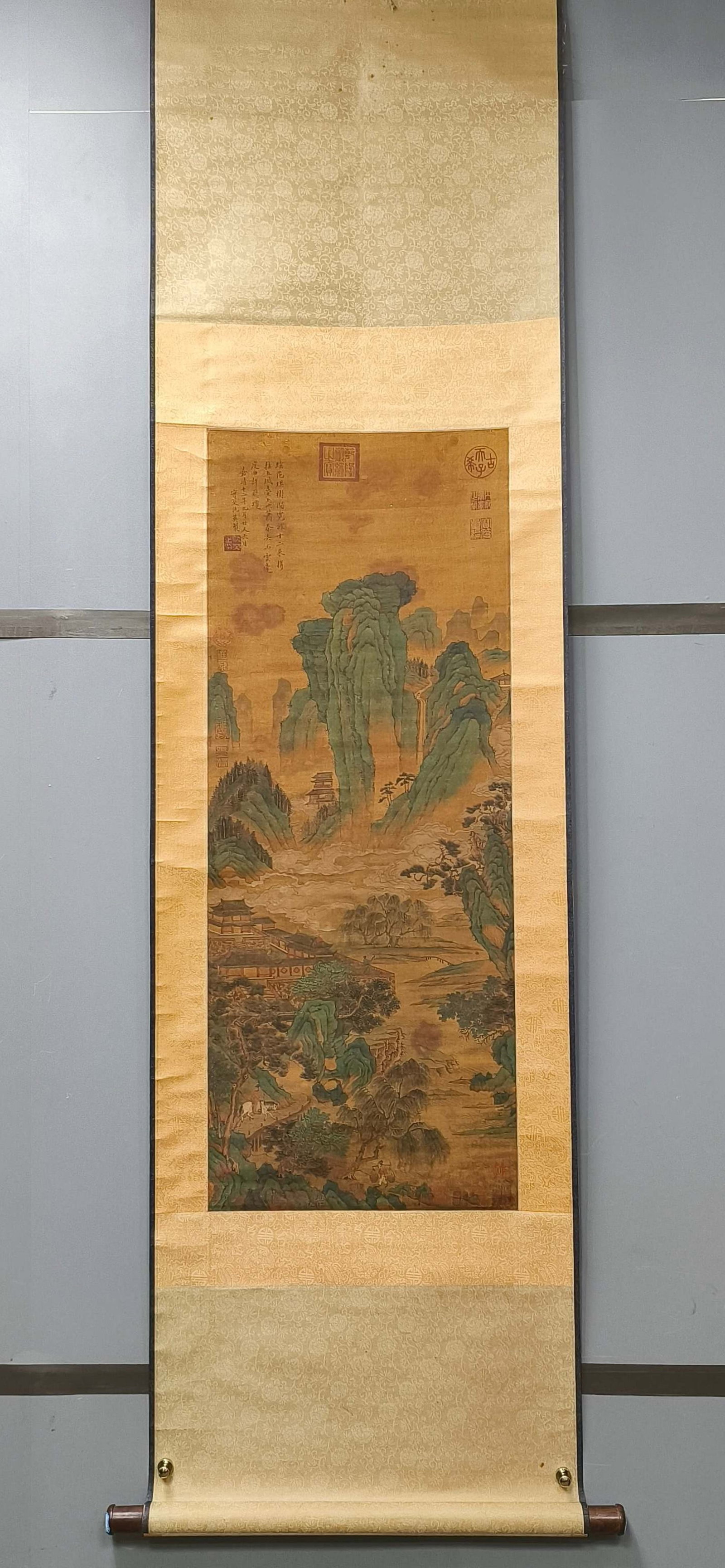 A Chinese Vertical Scroll Ink Painting of Landscape on Paper: A Chinese Vertical Scroll Ink Painting of Landscape on Paper,Chou Ying,Size:41.3inx16.1in 一幅中国水墨山水画立轴,仇英
