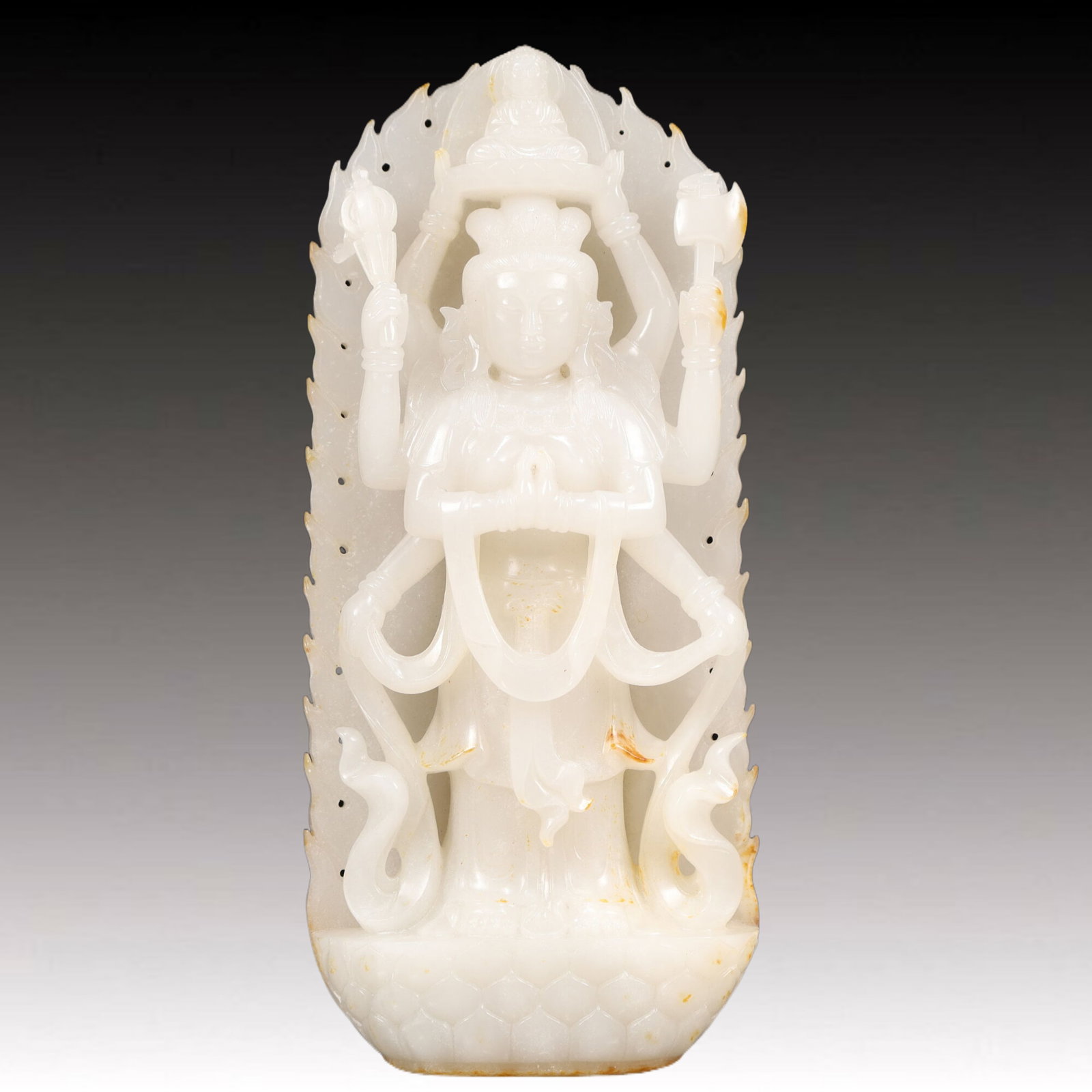 An Exquisite White Jade Statue of Eight-Armed Guanyin: An Exquisite White Jade Statue of Eight-Armed Guanyin, Qing Dynasty, China,Size:3.9inx1.6inx9.1in,Weight:1450g 白玉八臂观音像, 中国清代