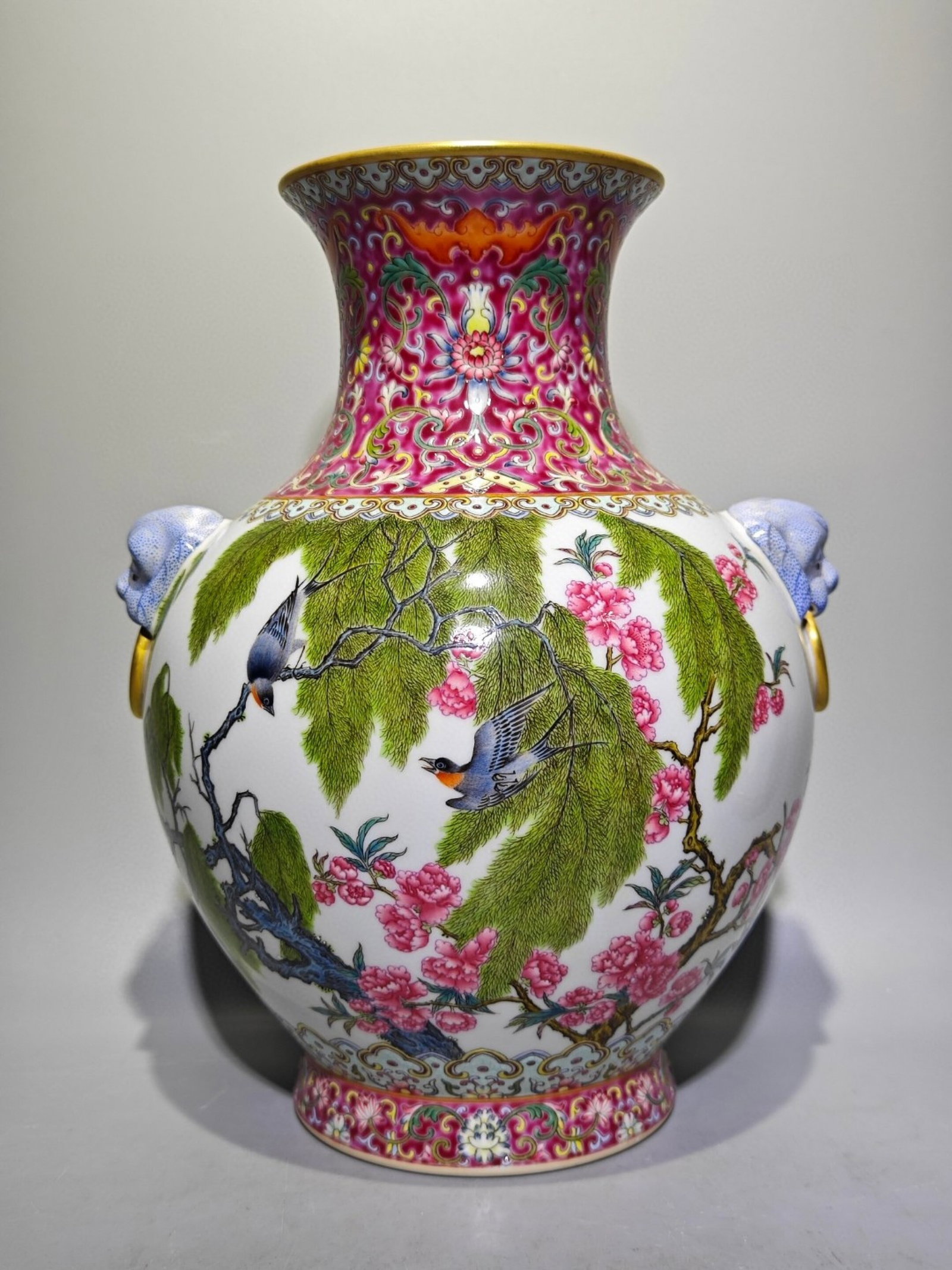 An Exquisite Famille-Rose Ruby Red-Glazed Flower and Bird Pattern Lion-Ears Vase,with poem: An Exquisite Famille-Rose Ruby Red-Glazed Flower and Bird Pattern Lion-Ears Vase,with poem,Qing Dynasty,China,Qianlong Six-character Mark,Size:10.9inx8.3in 粉彩胭脂红!