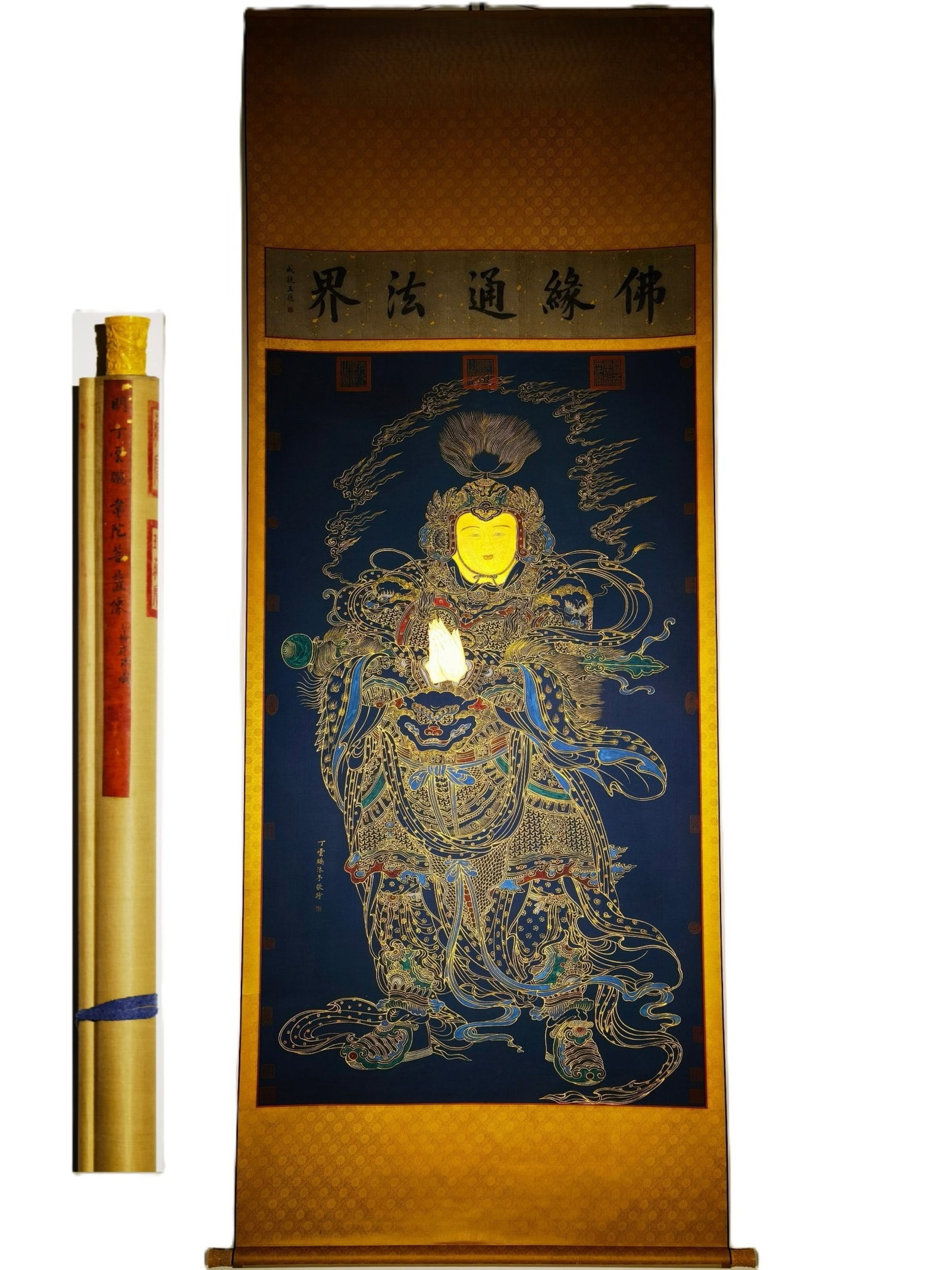 A Chinese Vertical Scroll Ink Painting of Statue of Bodhisattva on Silk: A Chinese Vertical Scroll Ink Painting of Statue of Bodhisattva on Silk,Ding Yunpeng,Size:(overall length)111.4inx42.5in,(Without frame)76.4inx39in 一幅中国水墨 