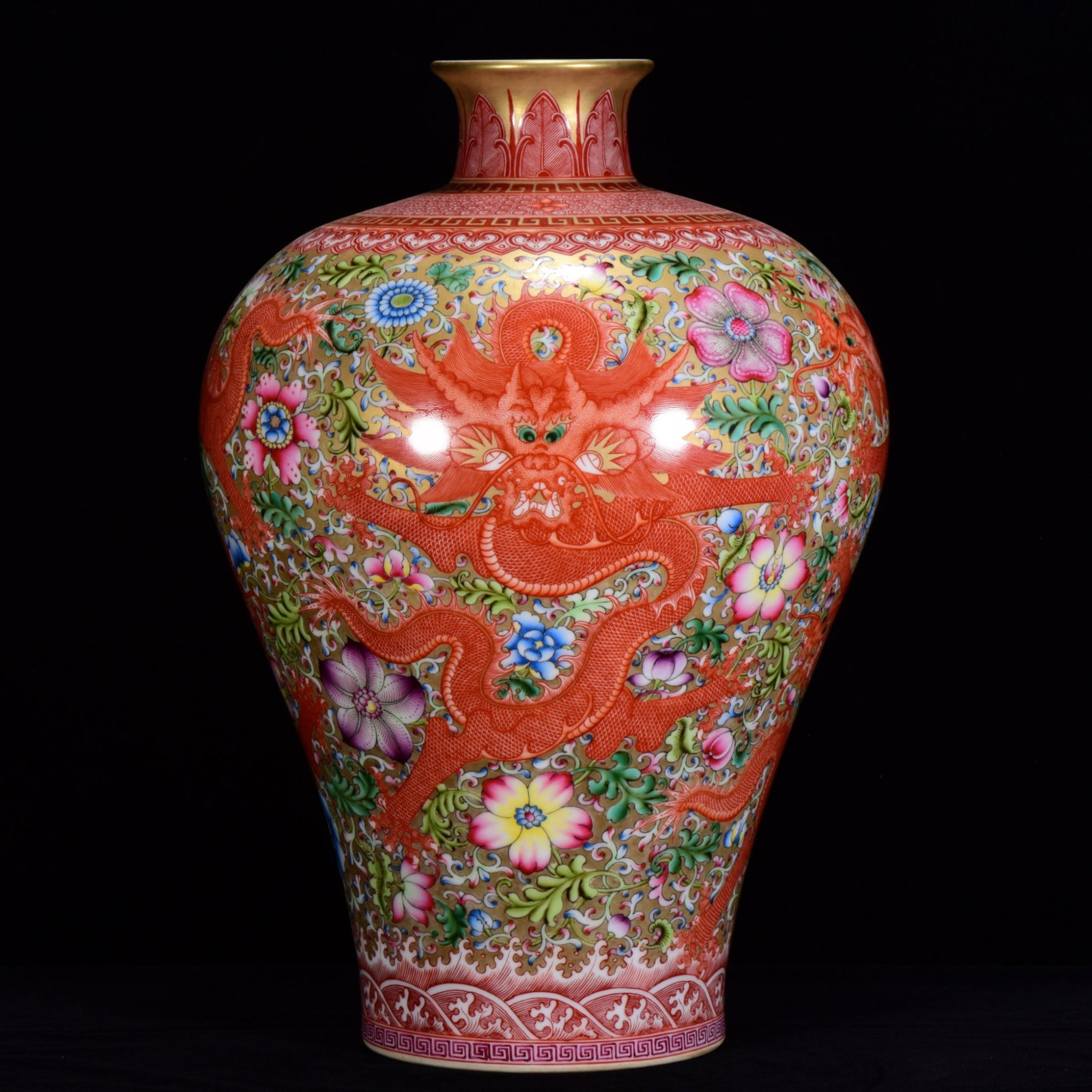 A Rare Enamel Gilt Lotus and Dragon Pattern Vase: A Rare Enamel Gilt Lotus and Dragon Pattern Vase,Qing Dynasty,China,Qianlong Six-character Mark,Size:15.4inx9.8in 珐琅彩鎏金缠枝莲龙纹ல