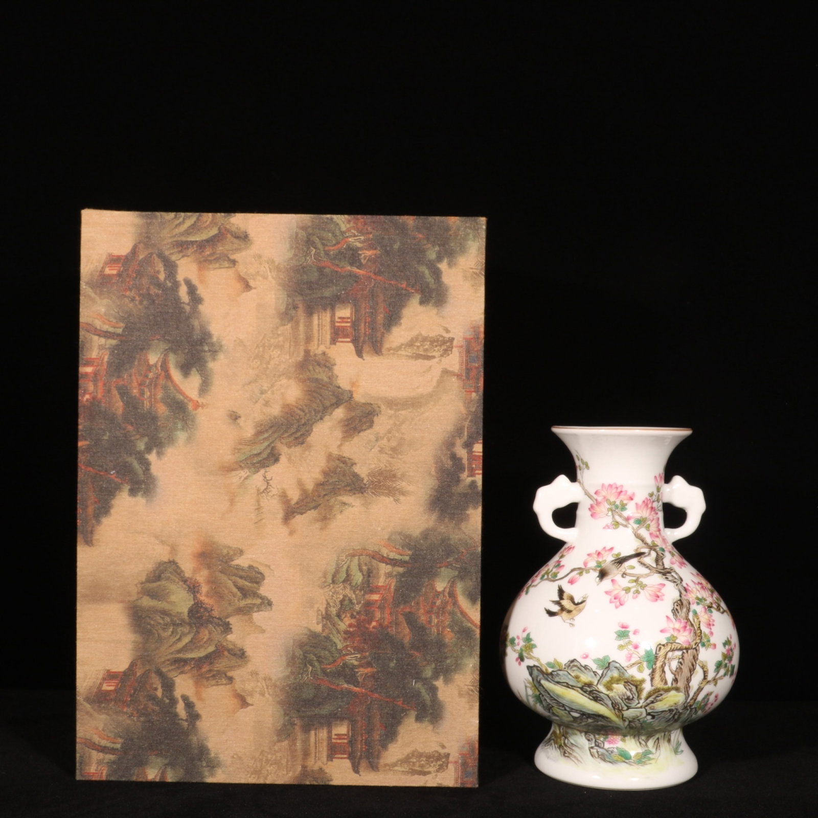 An Exquisite Enamel Flower and Bird Pattern Double-Ears Vase,with poem: An Exquisite Enamel Flower and Bird Pattern Double-Ears Vase,with poem,Qing Dynasty,China,Yongzheng Four-character Mark,Size:8.7inx5.7in 珐琅彩花鸟纹双耳