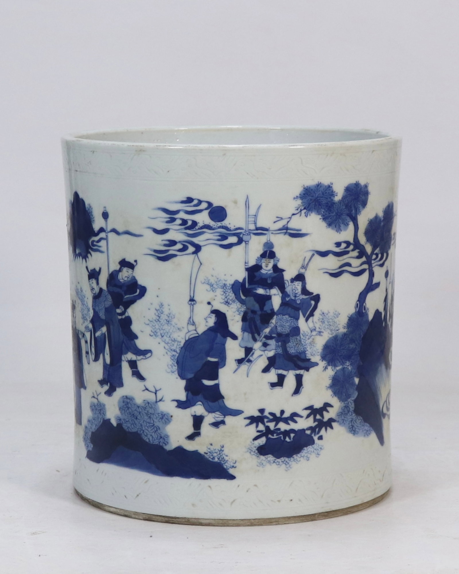 An Exquisite Blue and White Character and Story Pattern Brush Pot: An Exquisite Blue and White Character and Story Pattern Brush Pot,Ming Dynasty,China,Size:8.3inx7.9in 青花人物故事纹笔筒,中国明&