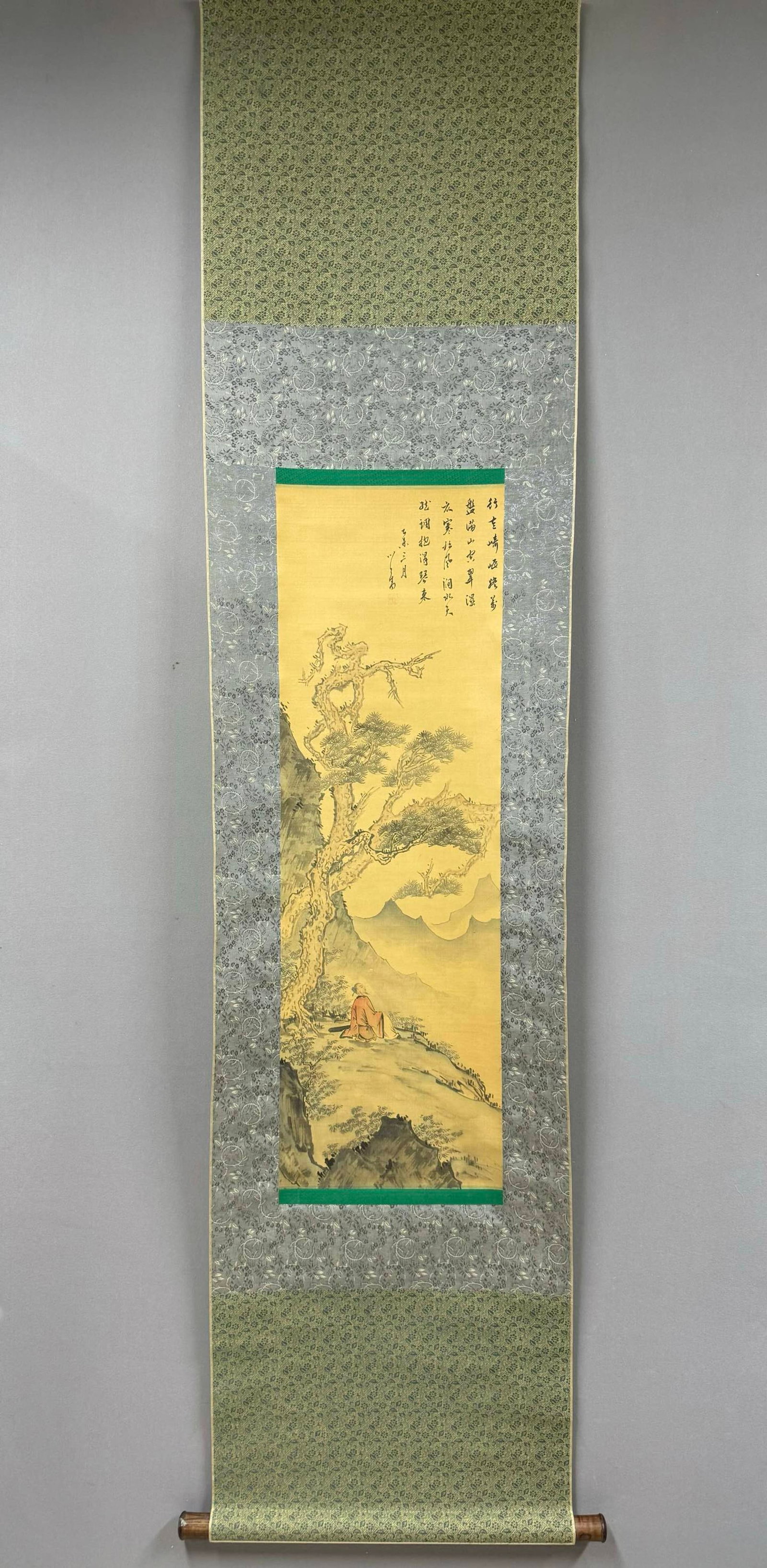 A Chinese Vertical Scroll Ink Painting of Landscape and Figure on Silk: A Chinese Vertical Scroll Ink Painting of Landscape and Figure on Silk,Pu Ru,Size:39.4inx12.6in