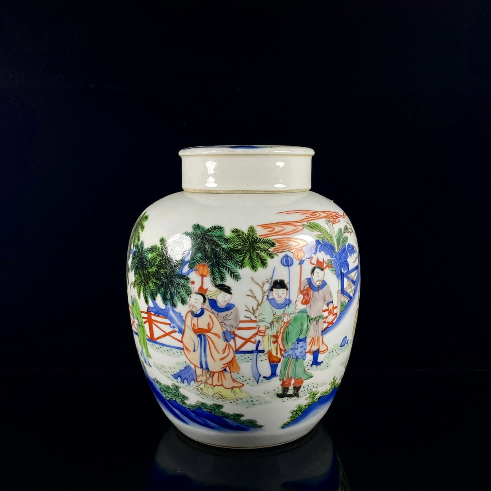 An Exquisite Wucai Character and Story Pattern Jar with Cover: An Exquisite Wucai Character and Story Pattern Jar with Cover,Qing Dynasty,China,Size:9.4inx7.9in