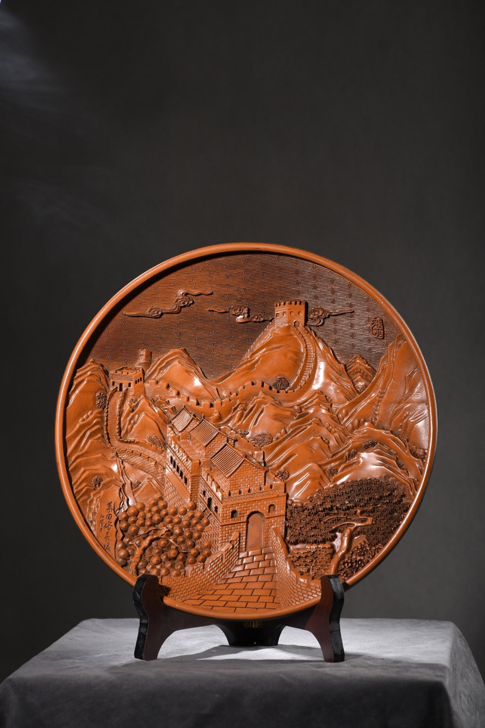 An Exquisite Carved Lacquer Landscape Pattern Plate,with poem: An Exquisite Carved Lacquer Landscape Pattern Plate,with poem,Qing Dynasty,China,Size:11.2inx1.2in,Weight:680g