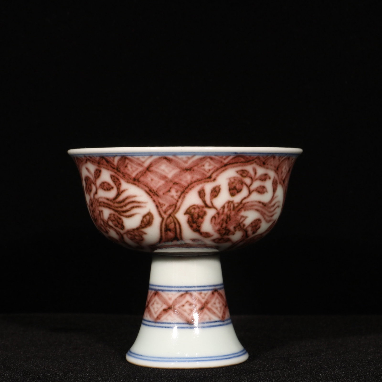 An Exquisite Underglaze-Red Flower and Bird Pattern Stem Cup - 4