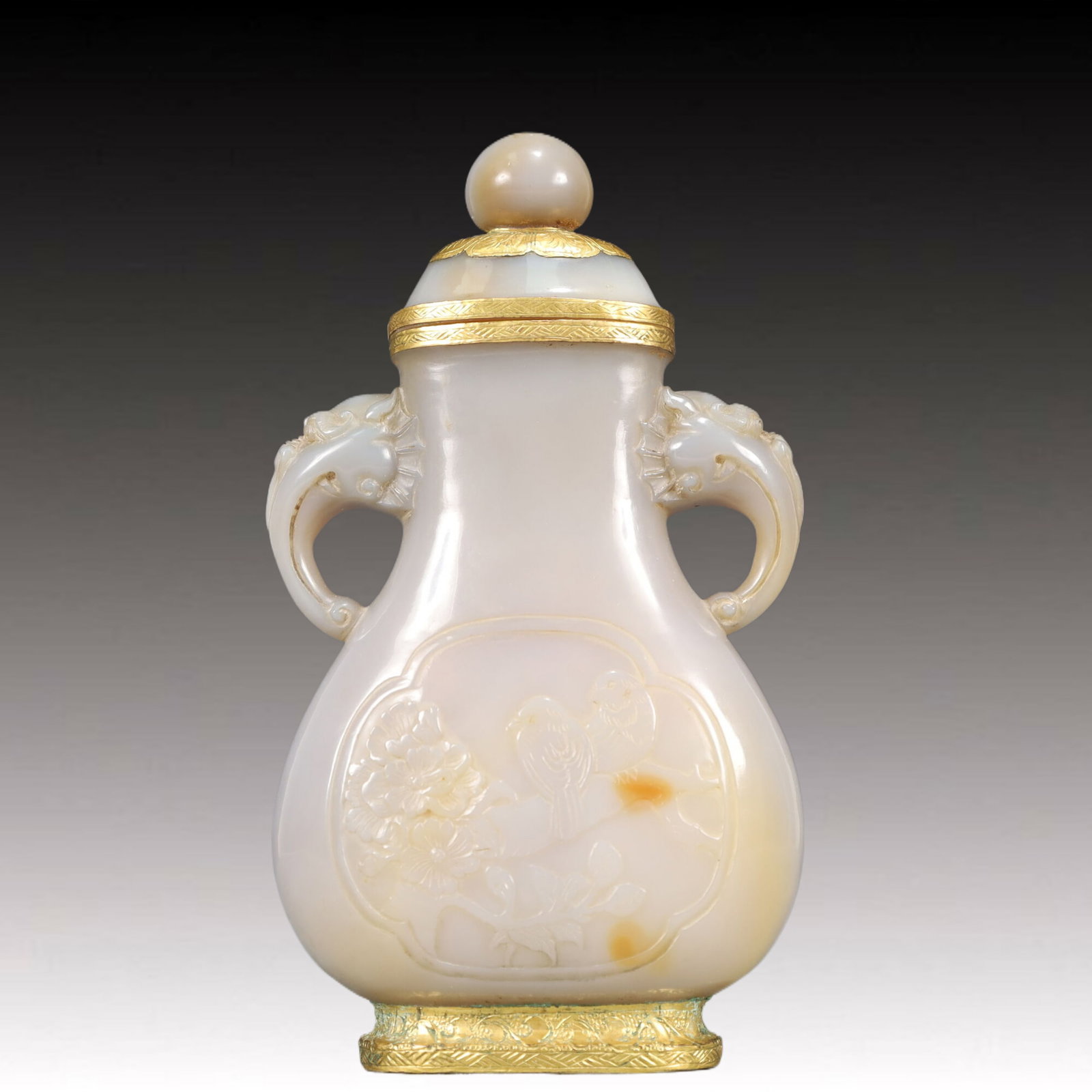 An Exquisite Agate Cover with Gold Flower and Bird Pattern Double-Ears Vase: An Exquisite Agate Cover with Gold Flower and Bird Pattern Double-Ears Vase,Qing Dynasty, China,Size:4.3inx1.6inx7.1in,Weight:450g 玛瑙包金花鸟纹双ň