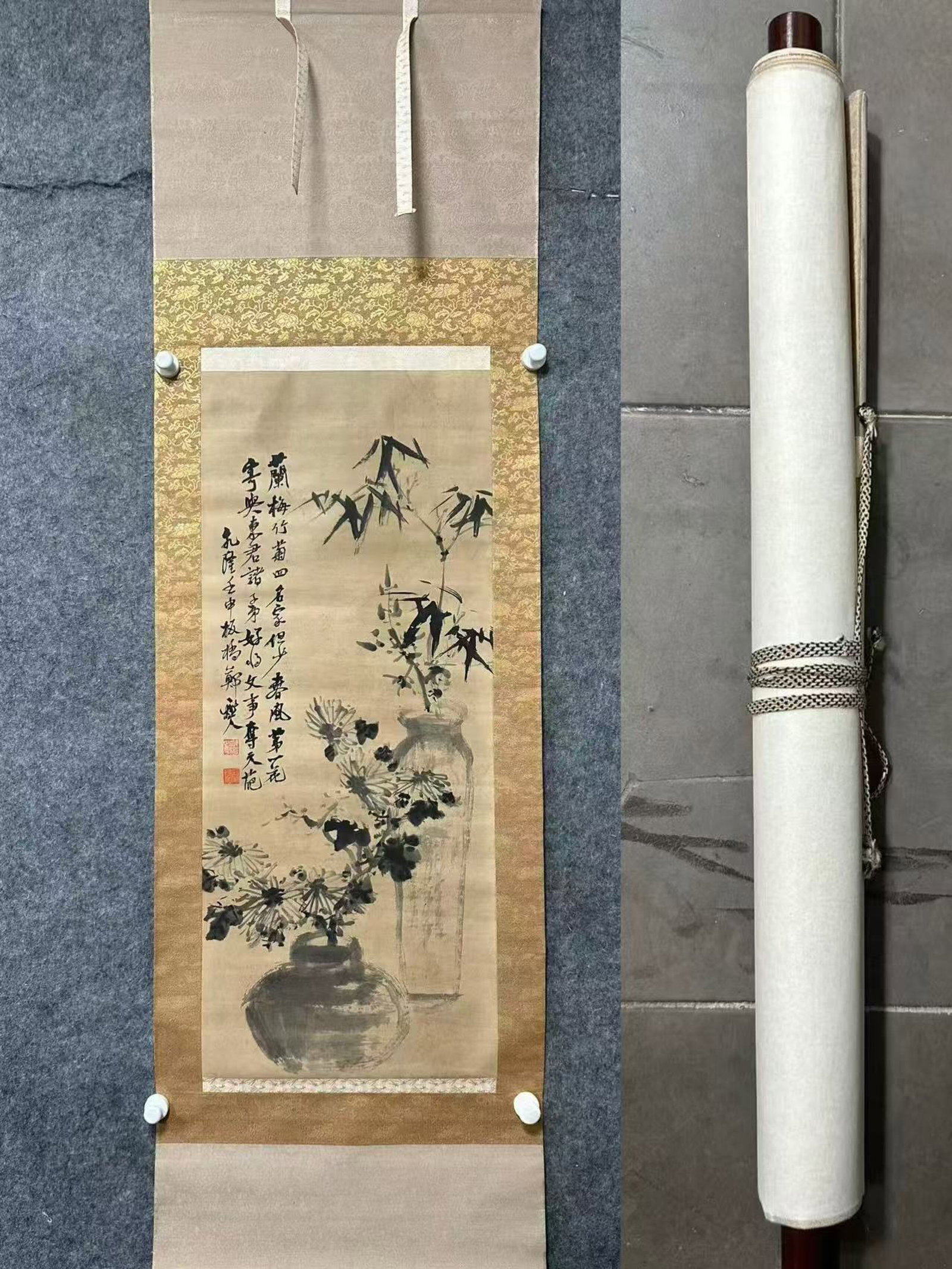 A Chinese Vertical Scroll Ink Painting of Flower on Paper: A Chinese Vertical Scroll Ink Painting of Flower on Paper,Zheng Banqiao,Size:16.1inx38.8in 一幅中国水墨花卉画立轴,郑板