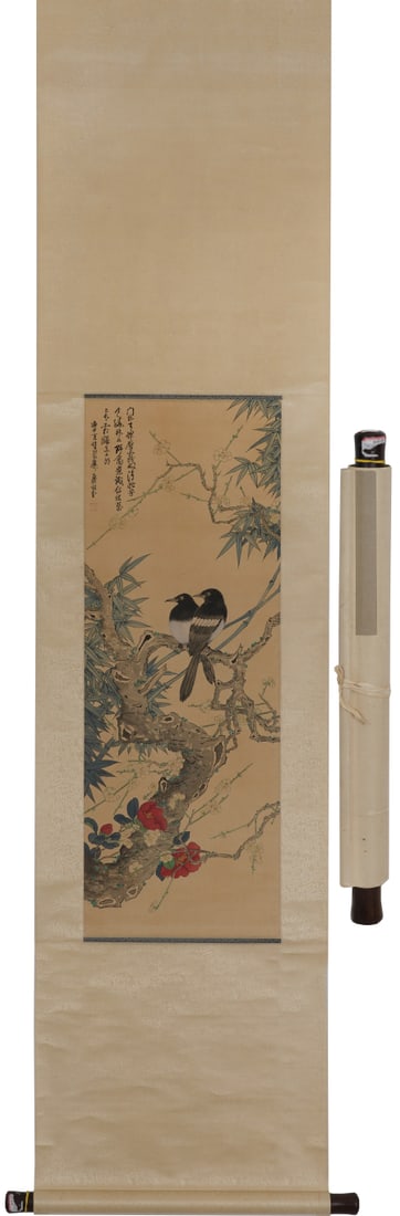 A Chinese Vertical Scroll Ink Painting of Flower and Bird on Silk: A Chinese Vertical Scroll Ink Painting of Flower and Bird on Silk,Xie Zhiliu,Size:34.6inx12.6in 一幅中国水墨绢本花鸟画立轴