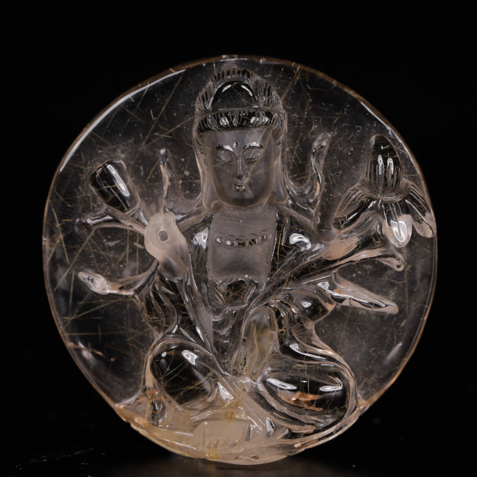 An Exquisite Crystal Statue of Avalokitesvara Pendant: An Exquisite Crystal Statue of Avalokitesvara Pendant,Size:2inx0.6in,Weight:41g 水晶观音挂件