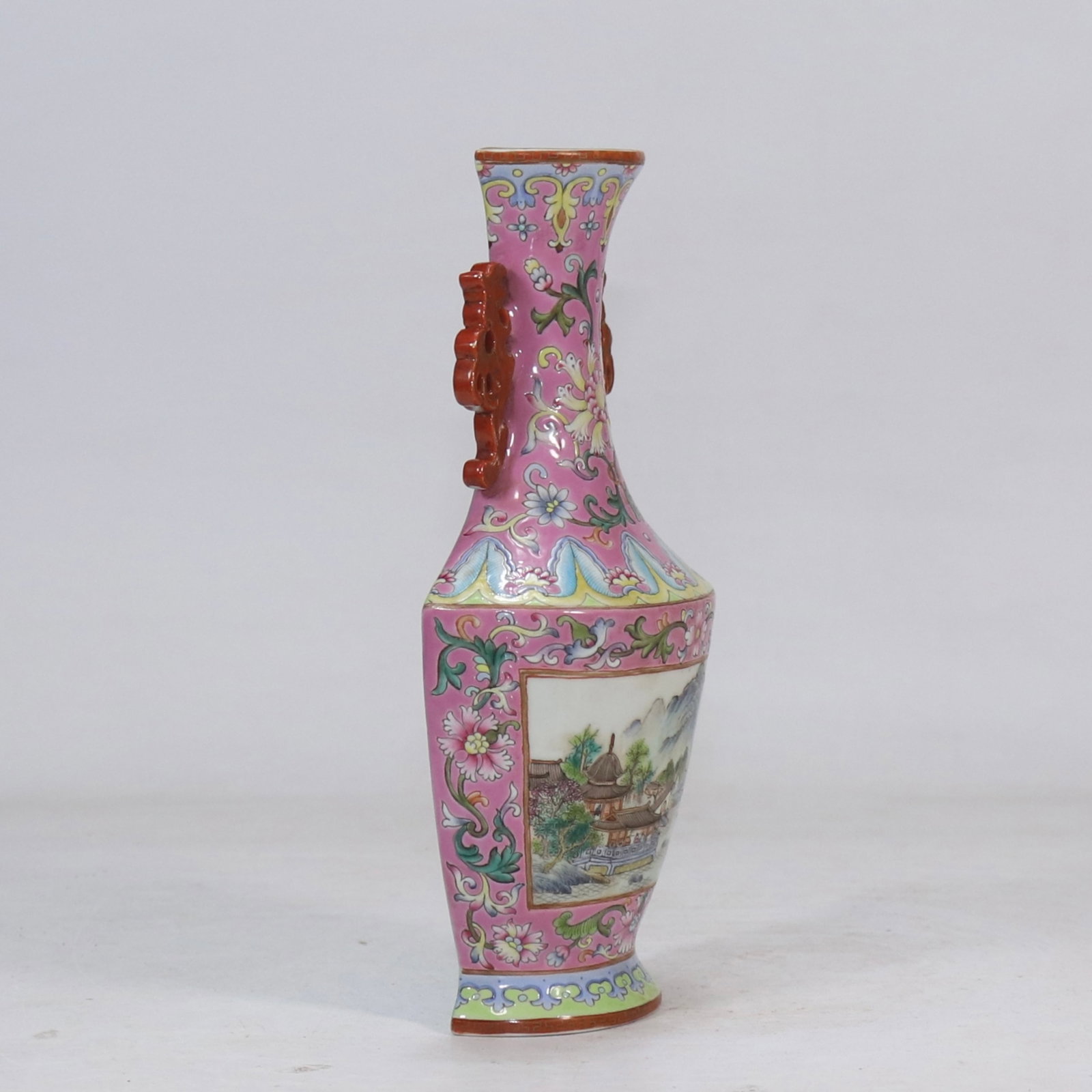 An Exquisite Ruby Red-Glazed Landscape Pattern Double-Ears Vase - 4