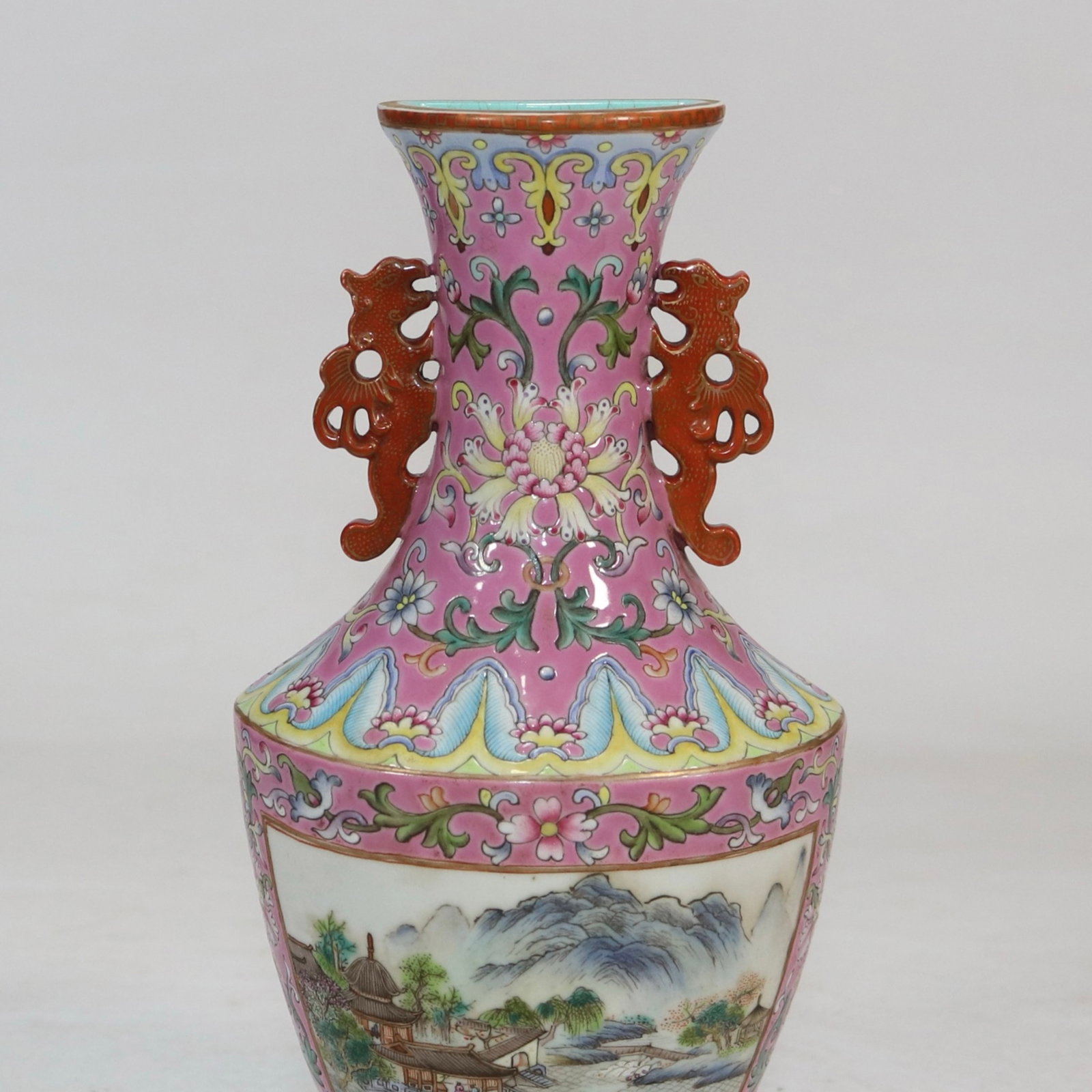 An Exquisite Ruby Red-Glazed Landscape Pattern Double-Ears Vase - 6
