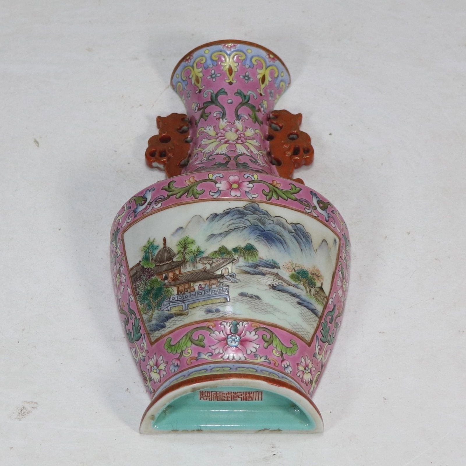 An Exquisite Ruby Red-Glazed Landscape Pattern Double-Ears Vase - 9