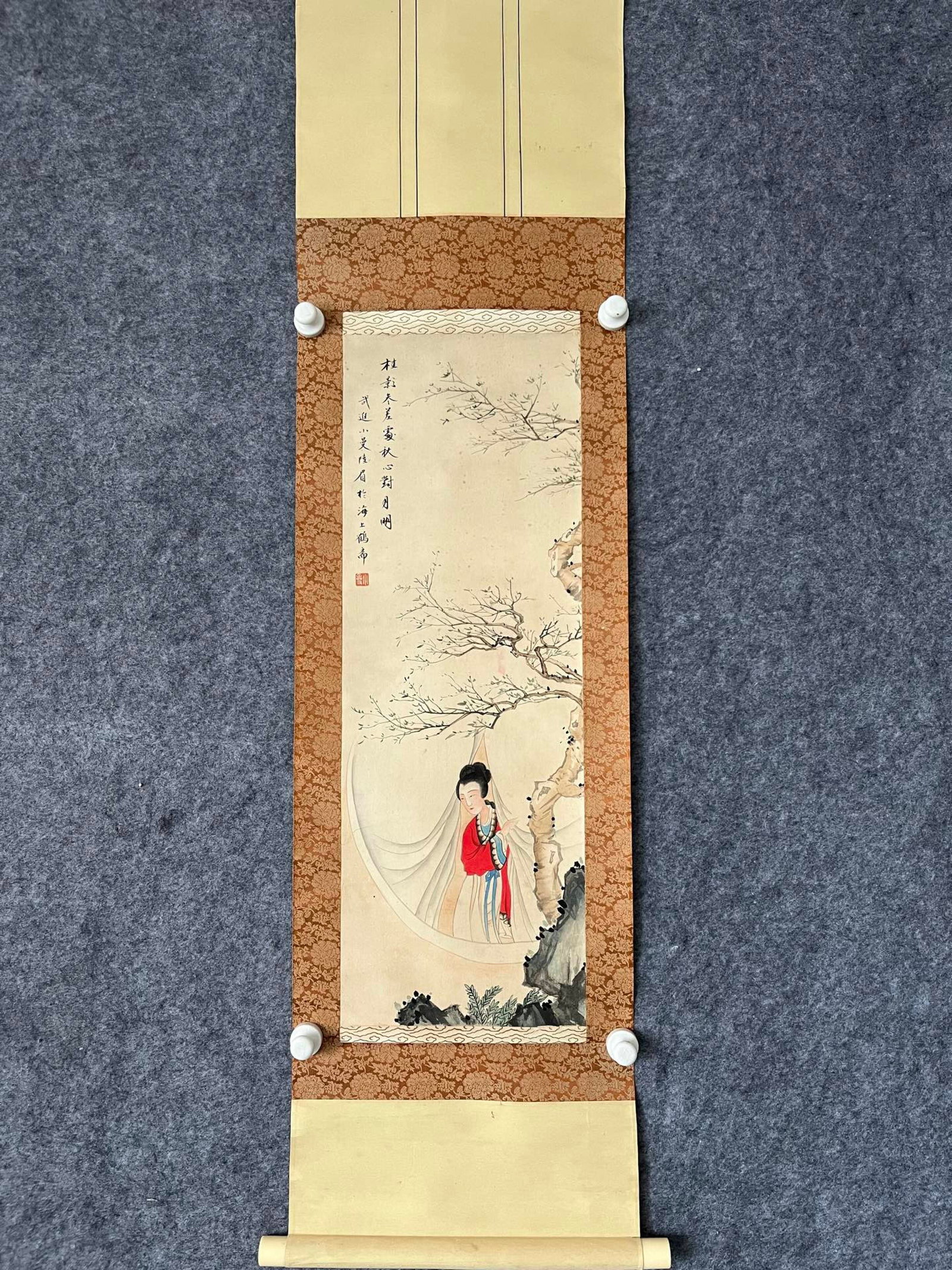 A Chinese Vertical Scroll Ink Painting of Landscape and Figure on Paper: A Chinese Vertical Scroll Ink Painting of Landscape and Figure on Paper,Lu Xiaoman,Size:10.2inx29.5in