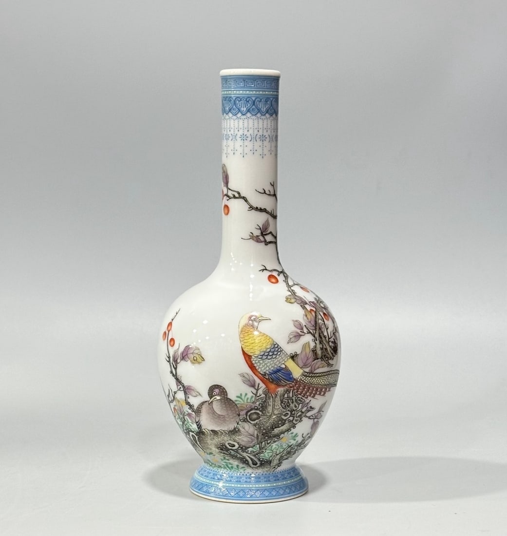 An Exquisite Enamel Flower and Bird Pattern Vase,with poem: An Exquisite Enamel Flower and Bird Pattern Vase,with poem,Qing Dynasty,China,Yongzheng Four-character Mark,Size:7.1inx3.1in 珐琅彩花鸟纹瓶,带诗&#
