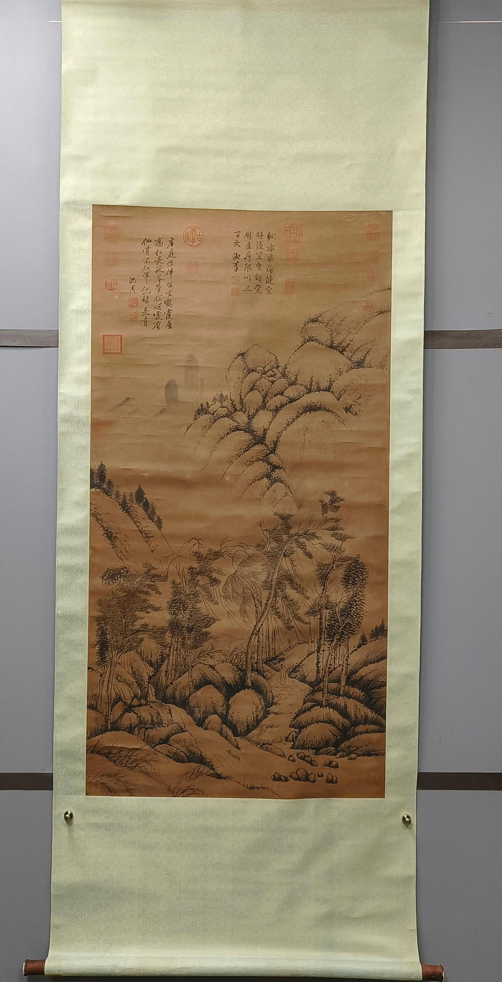 A Chinese Vertical Scroll Ink Painting of Landscape on Paper: A Chinese Vertical Scroll Ink Painting of Landscape on Paper,Shen Zhou,Size:52.4inx26.4in 一幅中国水墨山水画立轴,沈周