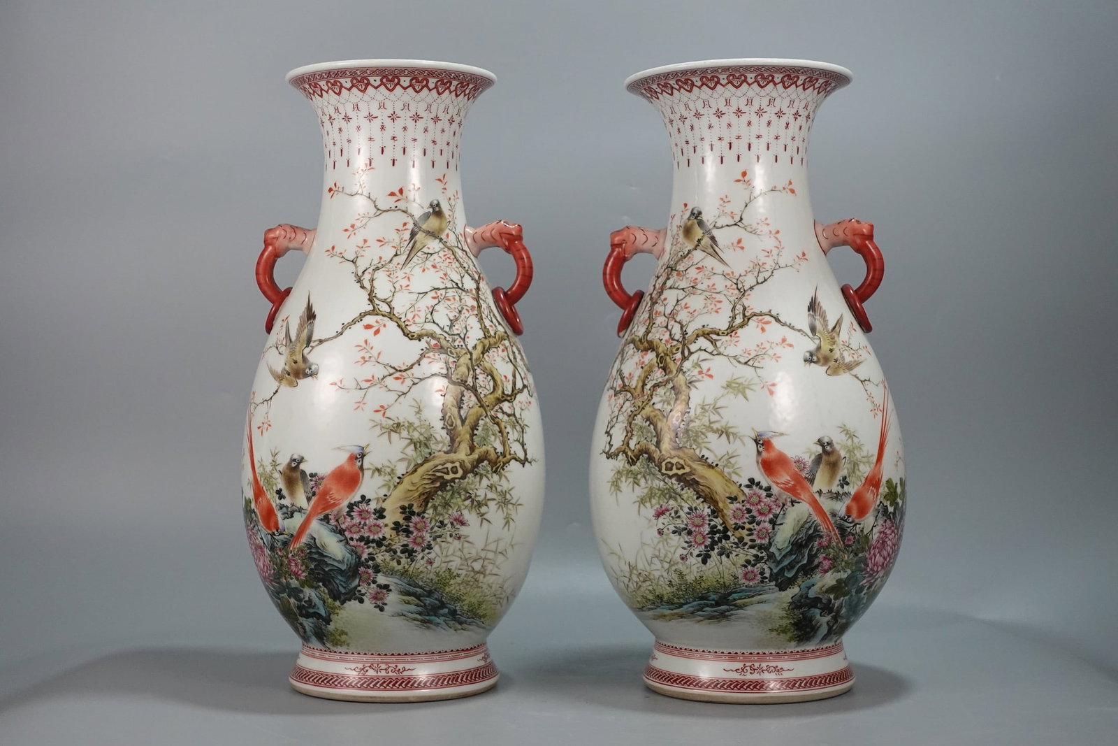 A Pair of Huge Famille-Rose Flower and Bird Pattern Double-Ears Vases,with poem: A Pair of Huge Famille-Rose Flower and Bird Pattern Double-Ears Vases,with poem,Qing Dynasty,China,Size:18.5inx9.4in 一对粉彩花鸟纹双耳瓶,&#