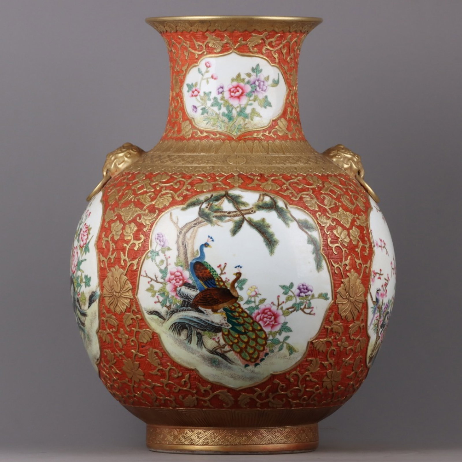 A Huge Enamel Flower and Peacock Pattern Beast-Ears Vase: A Huge Enamel Flower and Peacock Pattern Beast-Ears Vase,Qing Dynasty,China,Qianlong Six-character Mark,Size:21.3inx15.7in 珐琅彩花卉孔雀纹兽ň