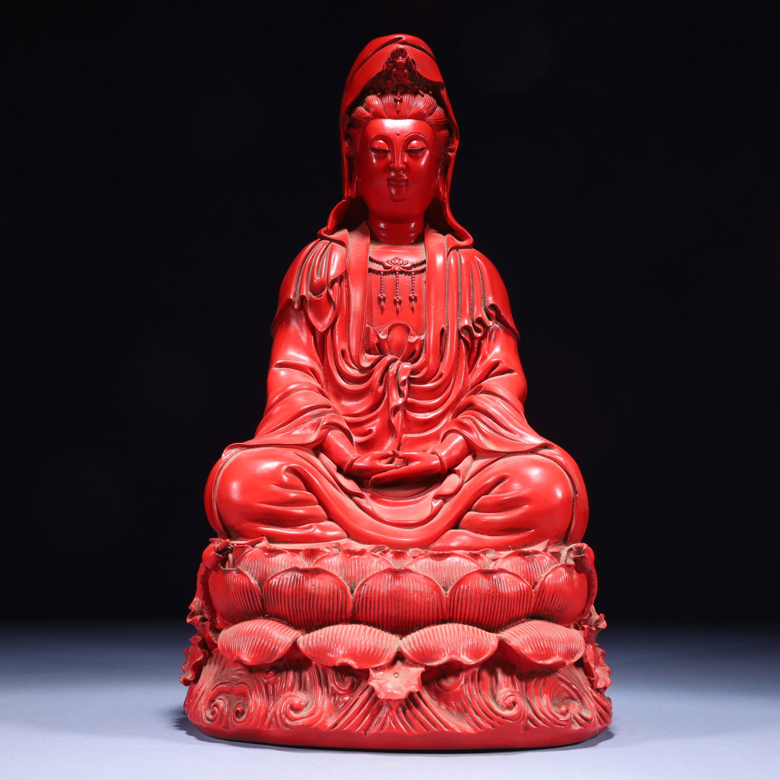 An Exquisite Carved Red Lacquer Statue of Avalokitesvara: An Exquisite Carved Red Lacquer Statue of Avalokitesvara,Qing Dynasty,China,Qianlong Six-character Mark,Size:8.7inx6.3inx16.1in,Weight:1850g 剔红漆观音像,中&#