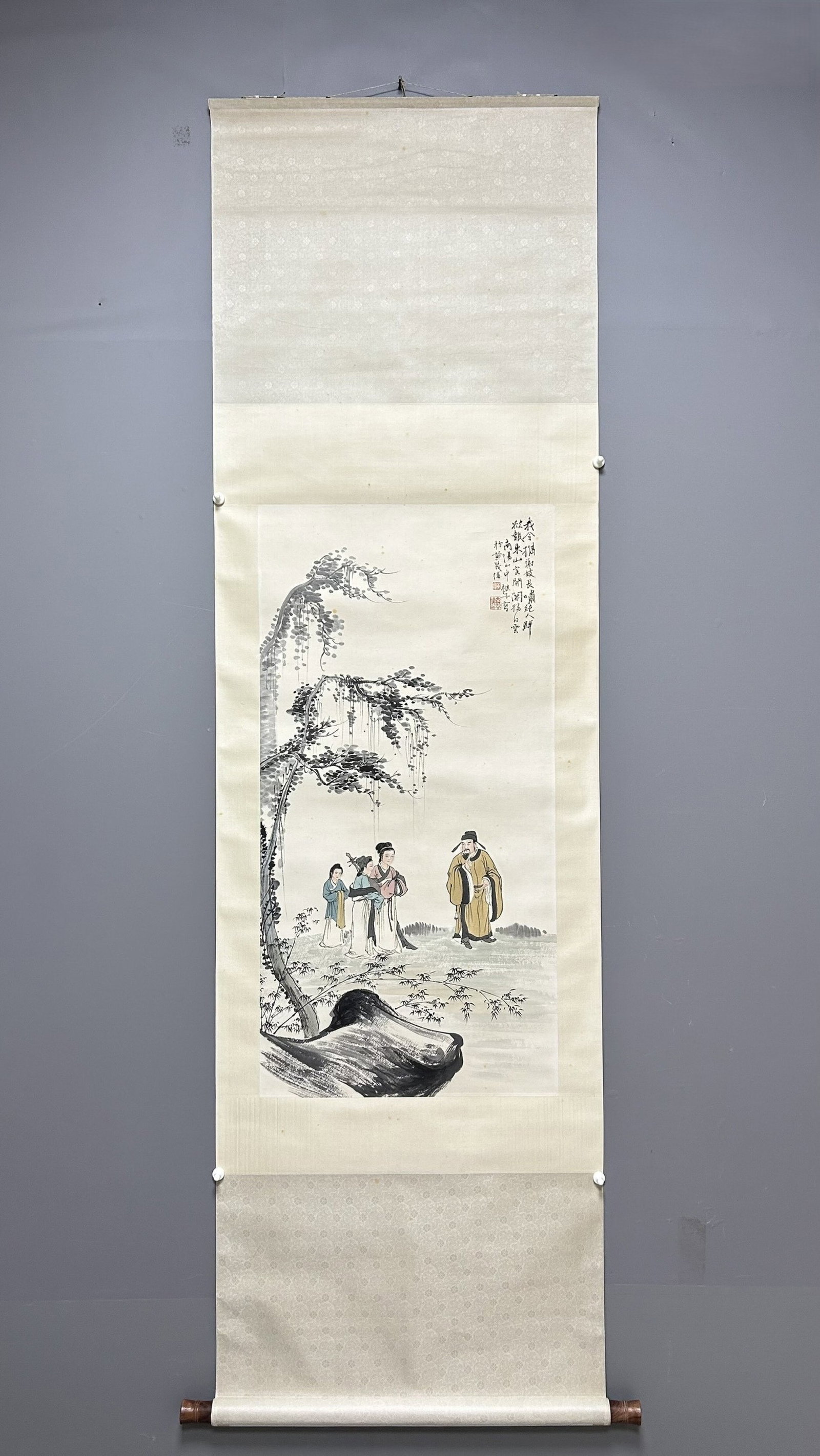 A Chinese Vertical Scroll Ink Painting of Landscape and Figure on Paper: A Chinese Vertical Scroll Ink Painting of Landscape and Figure on Paper,Huangshan Qiaozi,Size:38.6inx19.7in 一幅中国水墨山水人物画