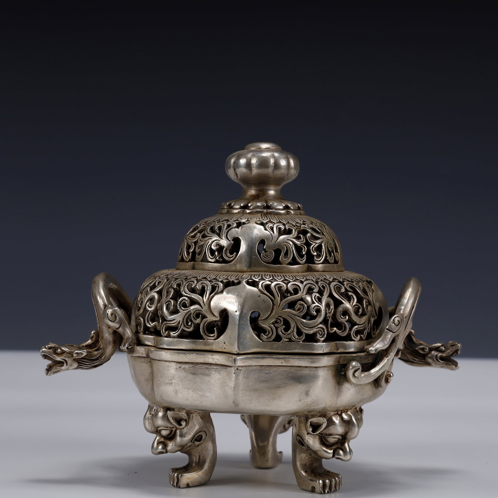 An Exquisite Silver-Plated Bronze Eight Treasures Pattern Double-Ears and Tripod Censer: An Exquisite Silver-Plated Bronze Eight Treasures Pattern Double-Ears and Tripod Censer ,The Republic of China,Size:7.1inx4.7inx5.5in,Weight:1150g 铜镀银八宝纹Ö