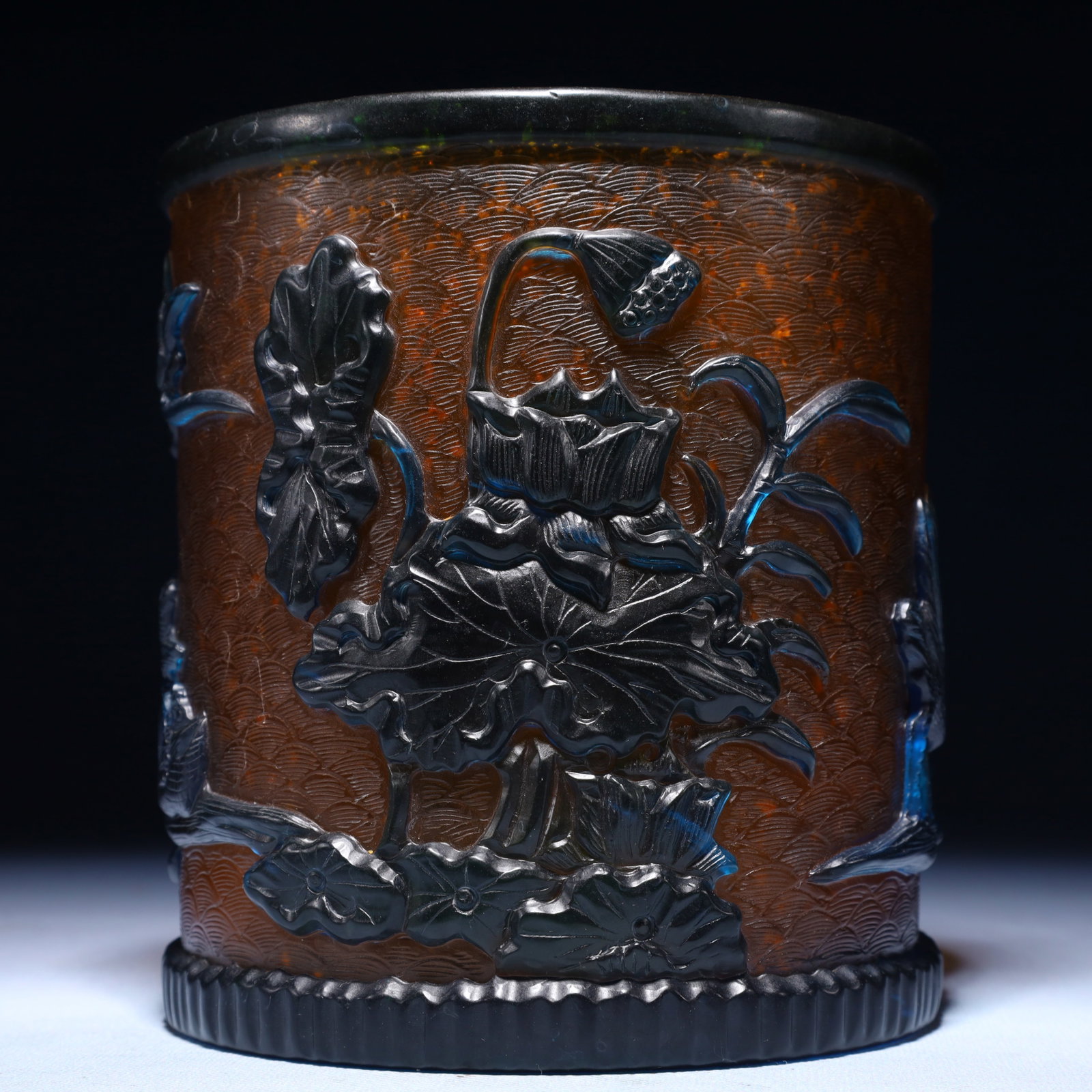 An Exquisite Glass Flower and Bird Pattern Brush Pot: An Exquisite Glass Flower and Bird Pattern Brush Pot,Qing Dynasty,China,Qianlong Four-character Mark,Size:5.9inx10.2in,Weight:1650g 琉璃花鸟纹笔筒,中
