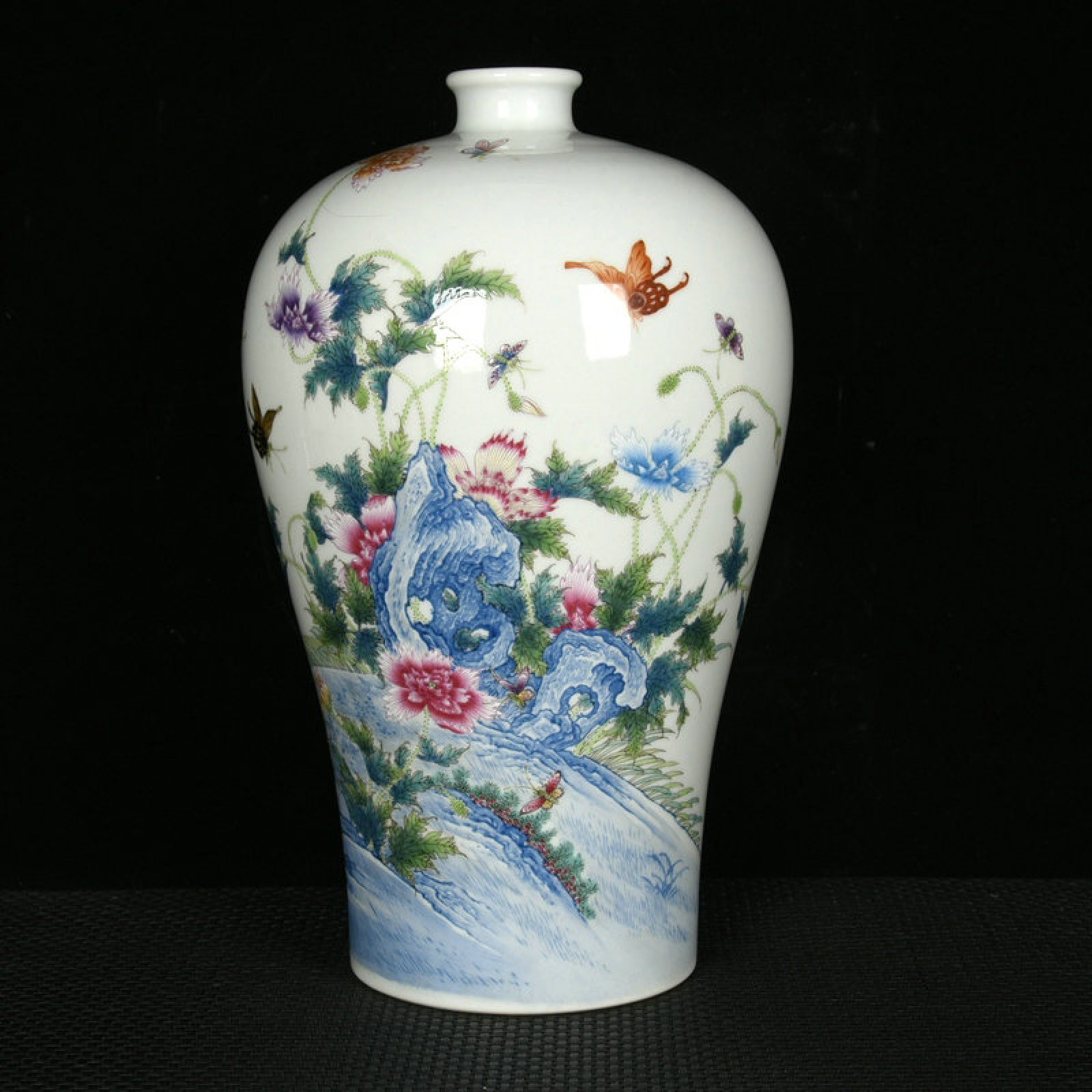 A Rare Enamel Flower and Butterfly Pattern Vase,with poem: A Rare Enamel Flower and Butterfly Pattern Vase,with poem,Qing Dynasty,China,Yongzheng Six-character Mark,Size:12.4inx7.7in 珐琅彩花卉蝴蝶纹瓶,