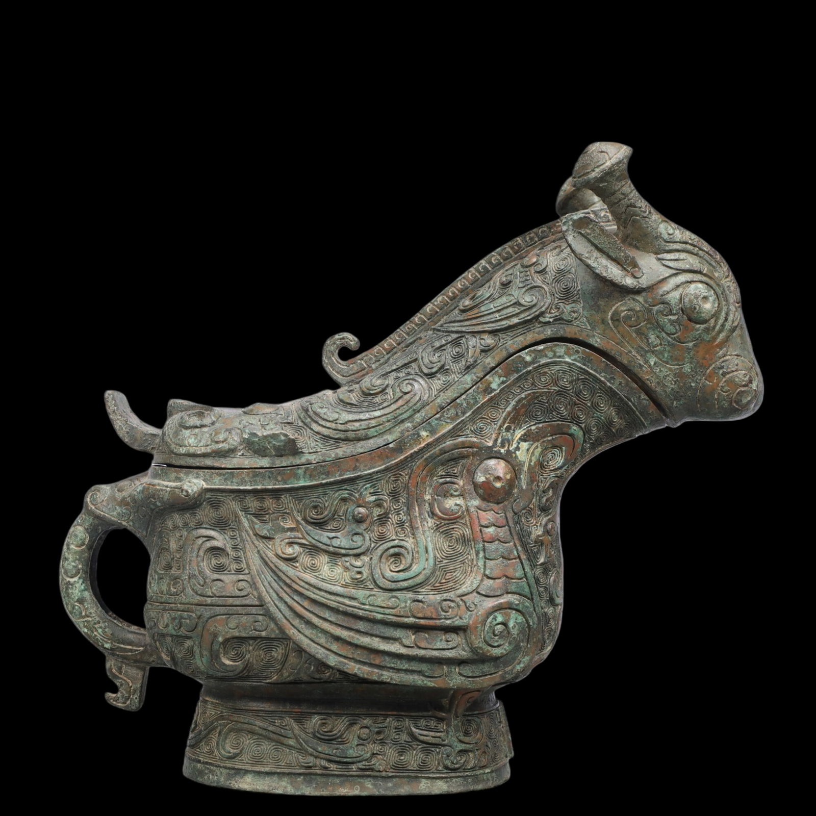 A Precious Bronze Auspicious Bird Pattern Ewer with Cover ,With Inscription: A Precious Bronze Auspicious Bird Pattern Ewer with Cover ,With Inscription,Ancient Time, China,Size: 10.6inx4.7inx9.8in ;Weight: 3750g 青铜神鸟纹执壶带
