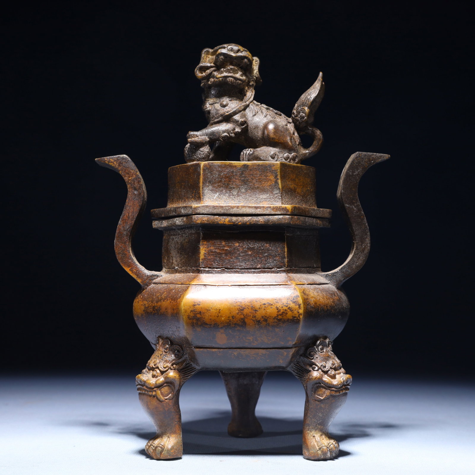 An Exquisite Bronze Lion Pattern Double-Ears and Tripod Censer: An Exquisite Bronze Lion Pattern Double-Ears and Tripod Censer,Qing Dynasty,China,Qianlong Four-character Mark,Size:6.3inx3.9inx8.7in,Weight:1300g