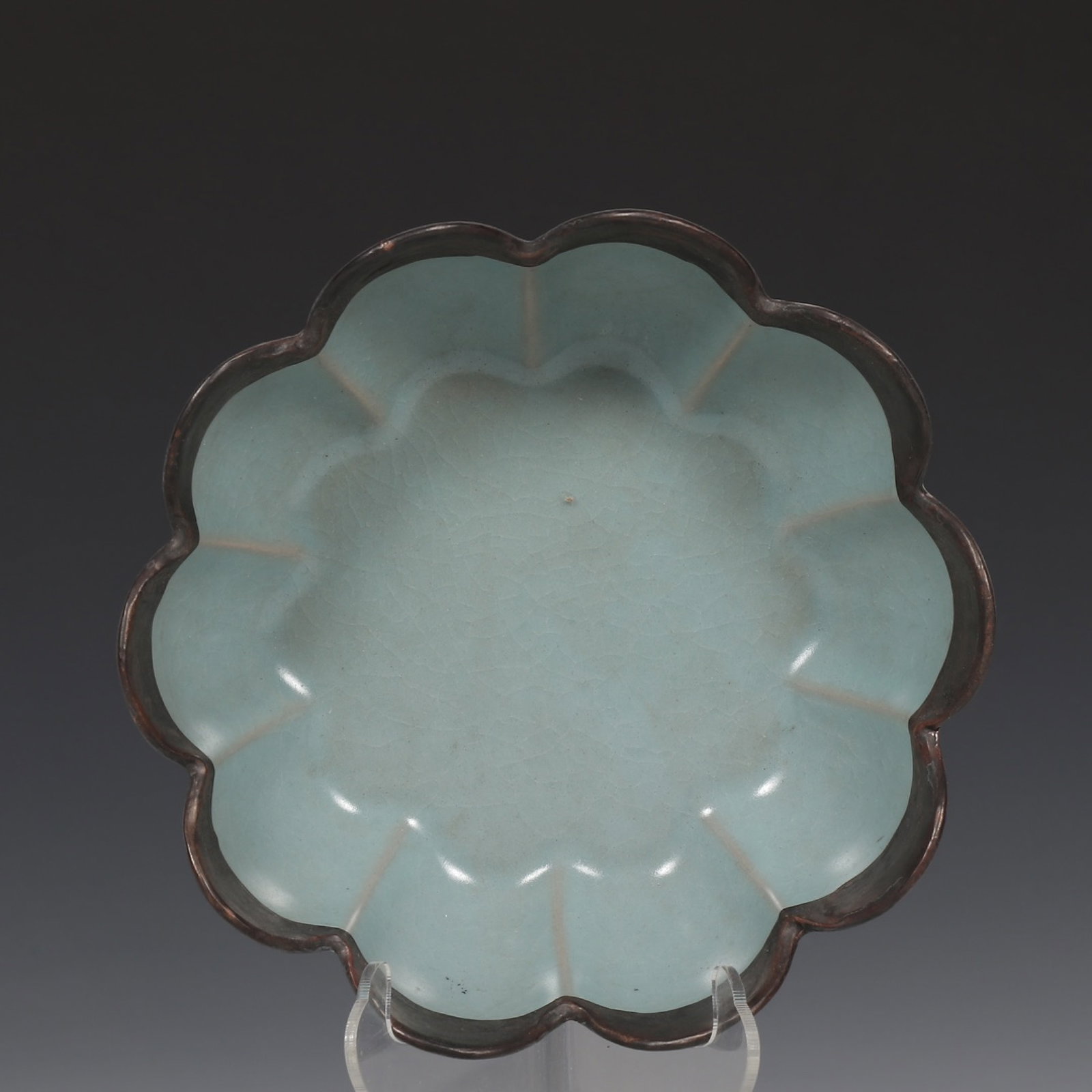 An Exquisite Ru yao Sky Blue Glazed Cover with Silver Brush Washer,with an Imperial Poem by Emperor: An Exquisite Ru yao Sky Blue Glazed Cover with Silver Brush Washer,with an Imperial Poem by Emperor Qianlong,Song Dynasty,China,Size:2.3inx6.9in