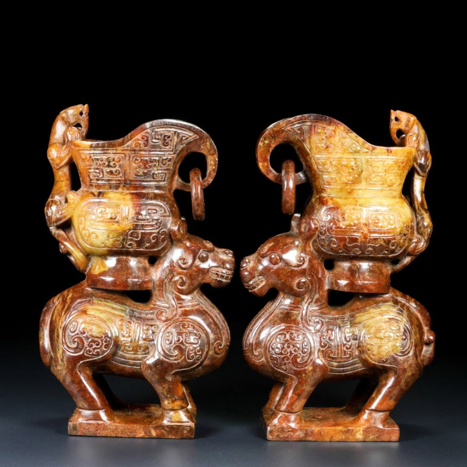 A Pair of Exquisite White Jade Chi-Dragon Pattern Beast Goblets: A Pair of Exquisite White Jade Chi-Dragon Pattern Beast Goblets,Qing Dynasty,China,Size:7.5inx4.5inx2.1in,Weight:2550g