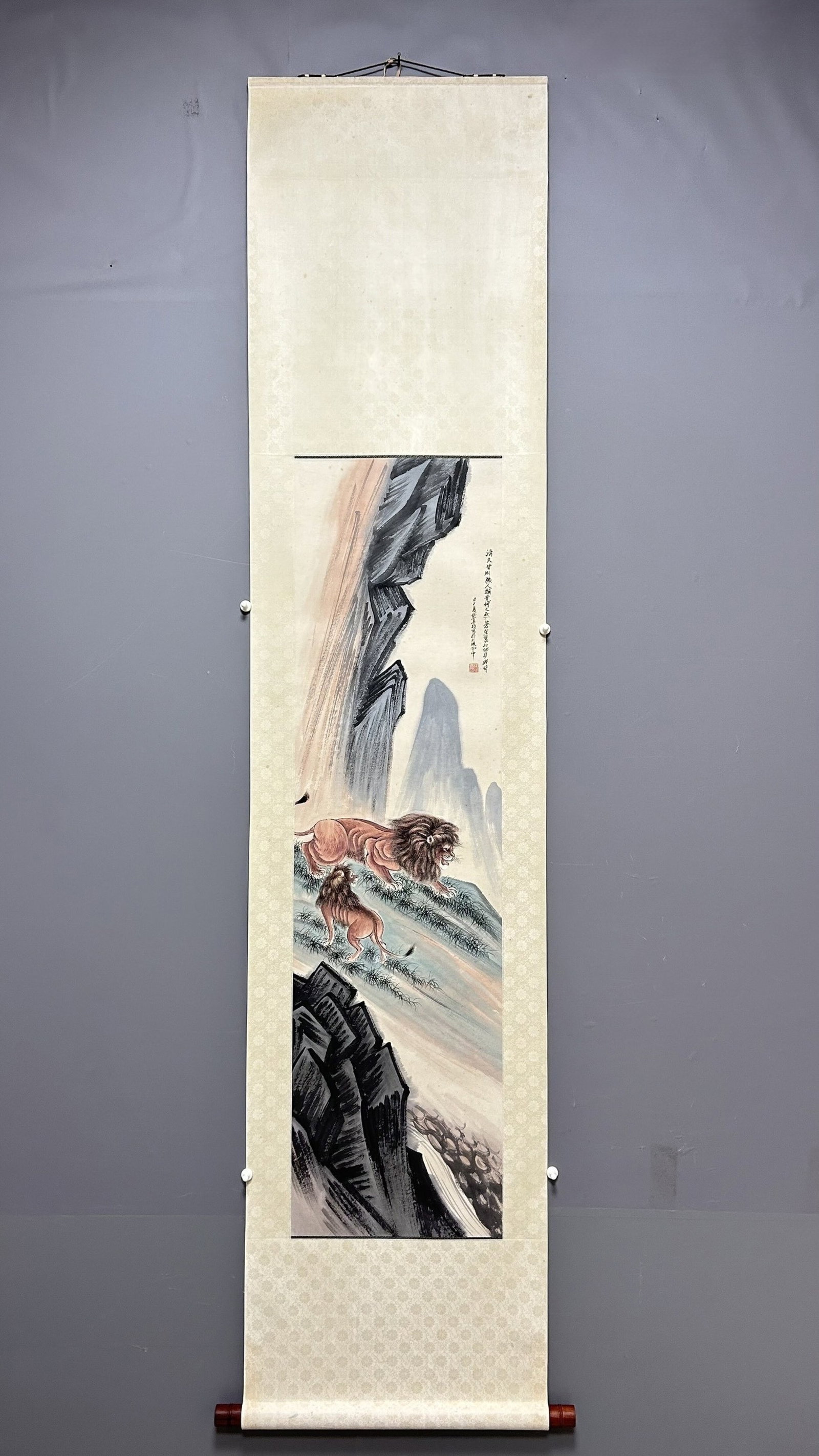 A Chinese Vertical Scroll Ink Painting of Lion on Paper: A Chinese Vertical Scroll Ink Painting of Lion on Paper,Zhang Shanzi,Size:53.5inx14.2in 一幅中国水墨狮子画立轴,张善孖