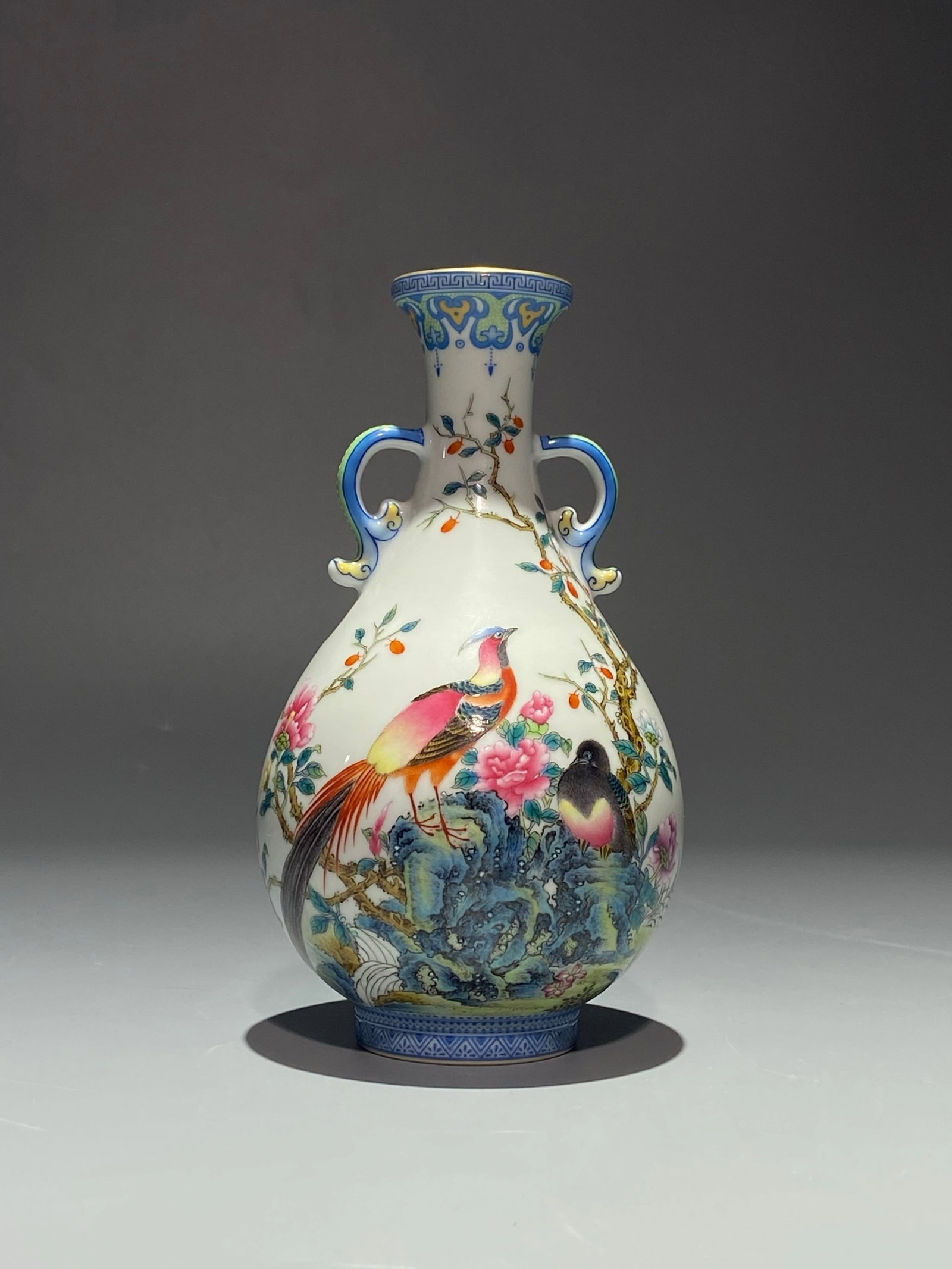 An Exquisite Famille-Rose Painted Gold Flower and Rooster Pattern Double-Ears Vase,with poem: An Exquisite Famille-Rose Painted Gold Flower and Rooster Pattern Double-Ears Vase,with poem,Qing Dynasty,China,Yongzheng Four-character Mark,Size:6.9inx3.7in 粉彩描金花&