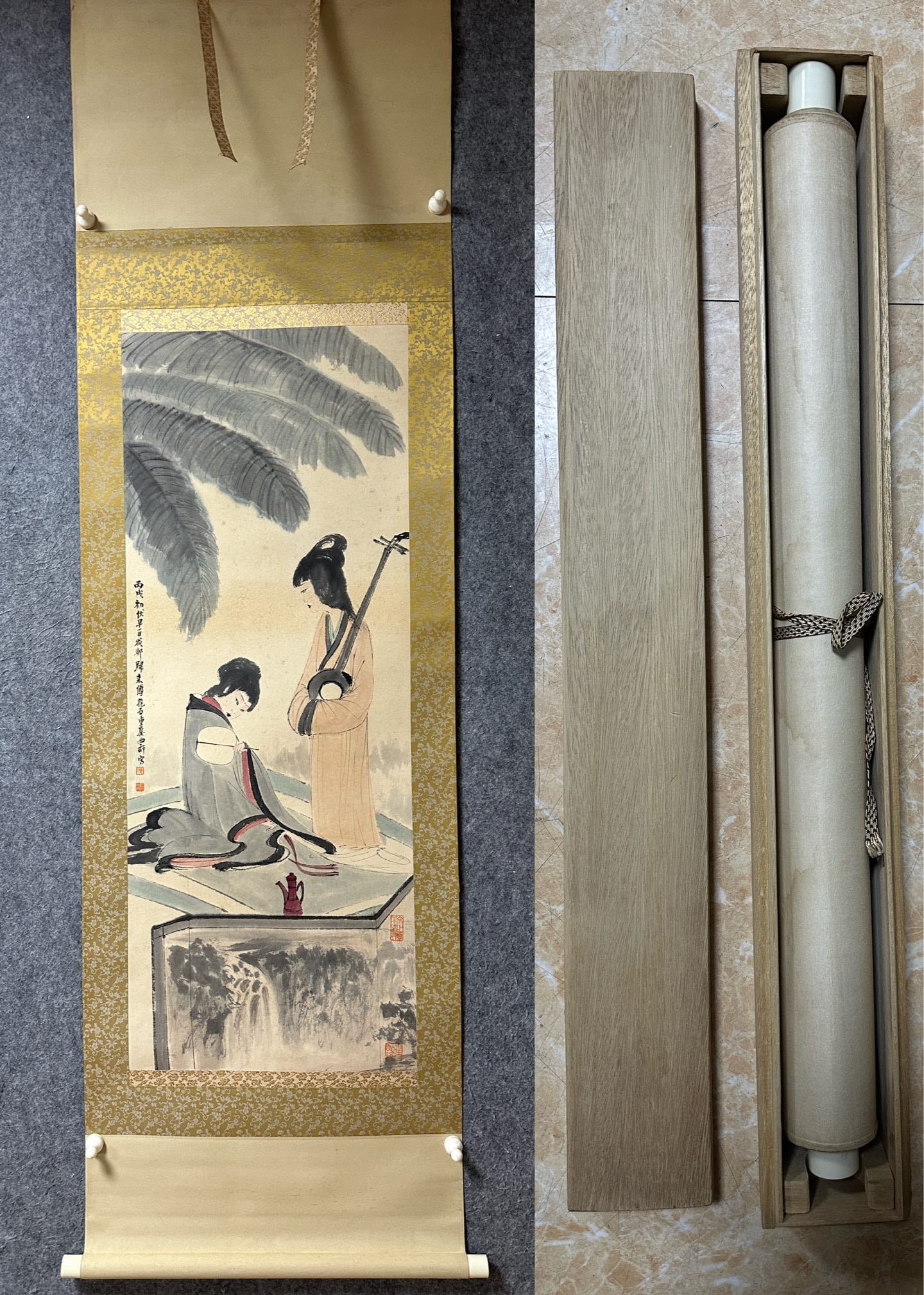 An Exquisite Chinese Vertical Scroll Ink Painting of Landscape and Figure on Paper: An Exquisite Chinese Vertical Scroll Ink Painting of Landscape and Figure on Paper,Fu Baoshi,Size:41.3inx15.7in