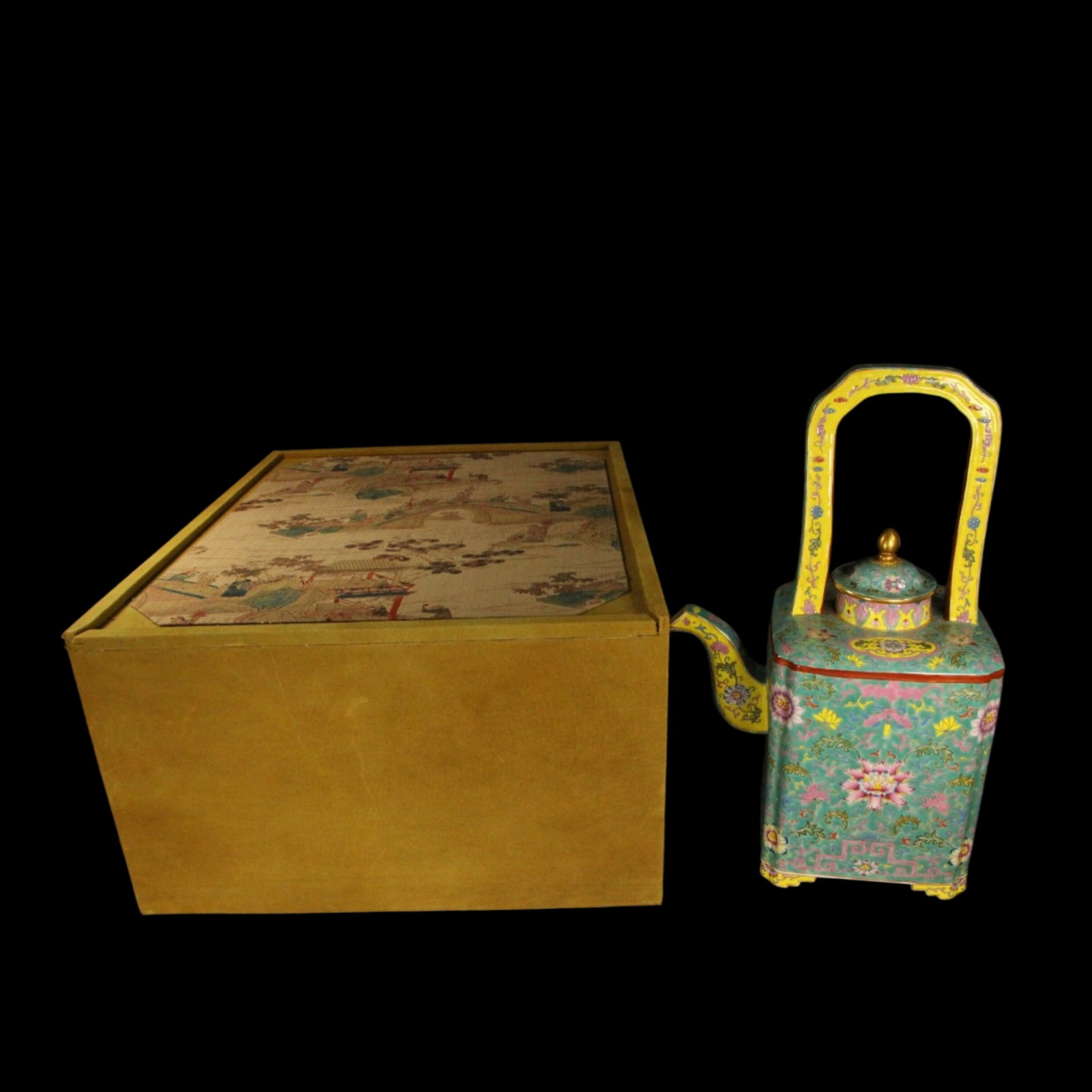 An Exquisite Enamel Lotus Pattern Loop-Handled Pot: An Exquisite Enamel Lotus Pattern Loop-Handled Pot,Qing Dynasty,China,Yongzheng Four-character Mark,Size:16.1inx6.9in,Weight:3530g 珐琅彩缠枝莲纹提ċ