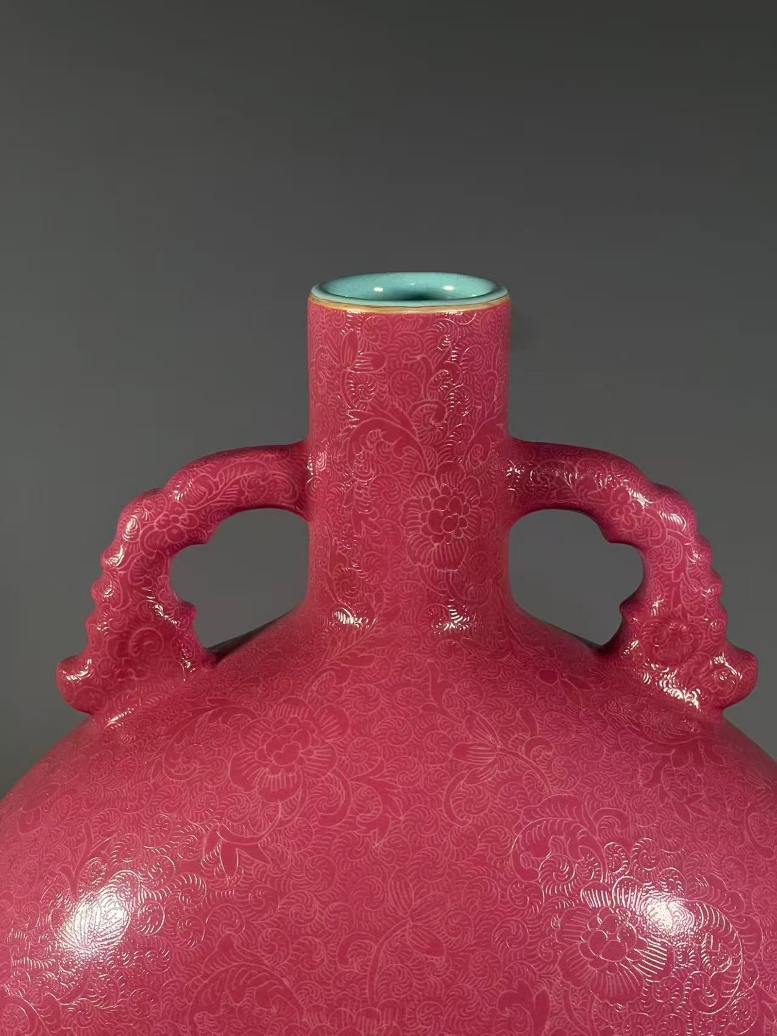 A Rare Ruby Red-Glazed Lotus Pattern Double-Ears Vase - 6