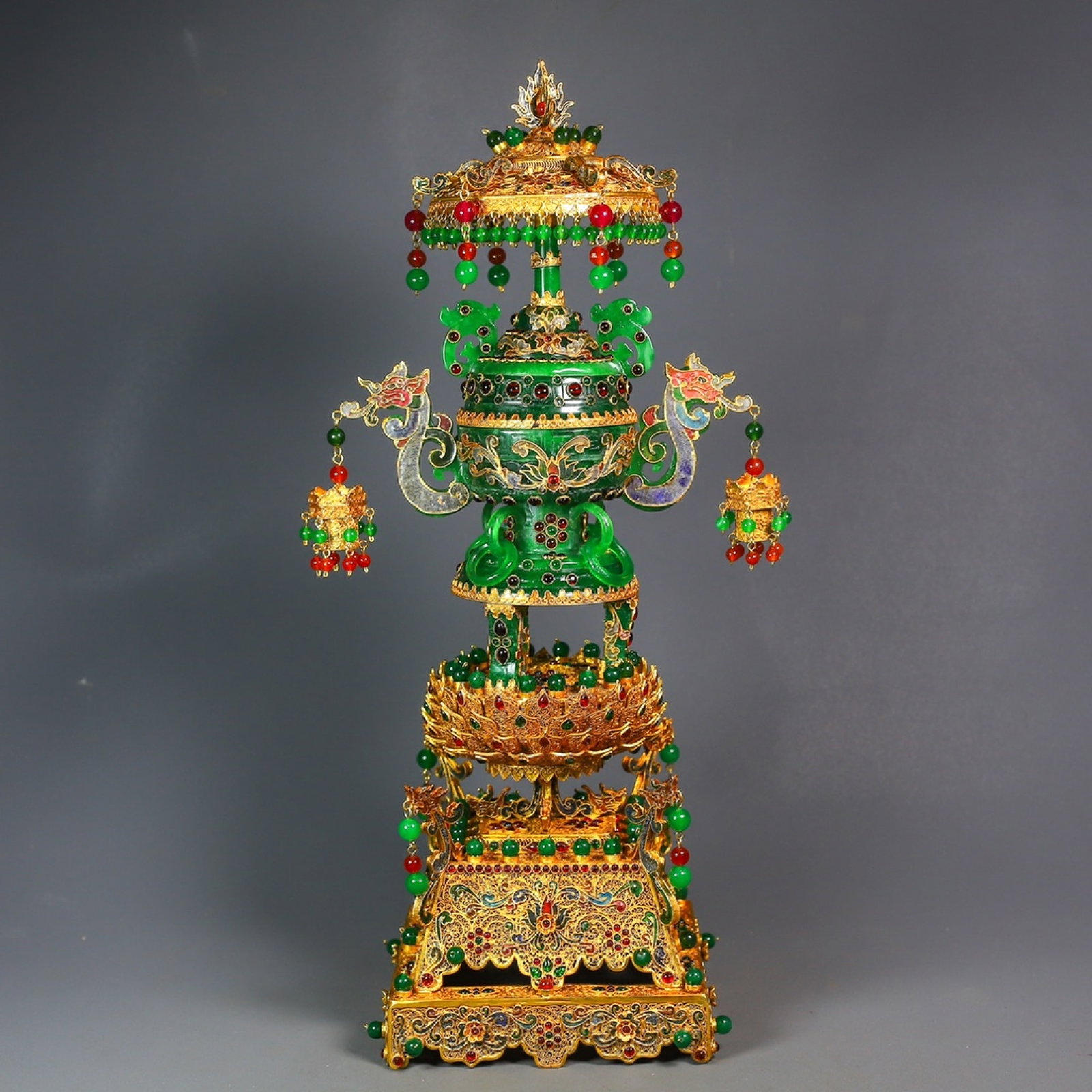 A Huge Filigree and Gilding Inlaid Jadeite Dragon-Ears Tripod Censer,Inlaid Gems: A Huge Filigree and Gilding Inlaid Jadeite Dragon-Ears Tripod Censer,Inlaid Gems,Qing Dynasty,China,Qianlong Four-character Mark,Size:17.3inx55.5in,Weight:2064g 花丝鎏金镶