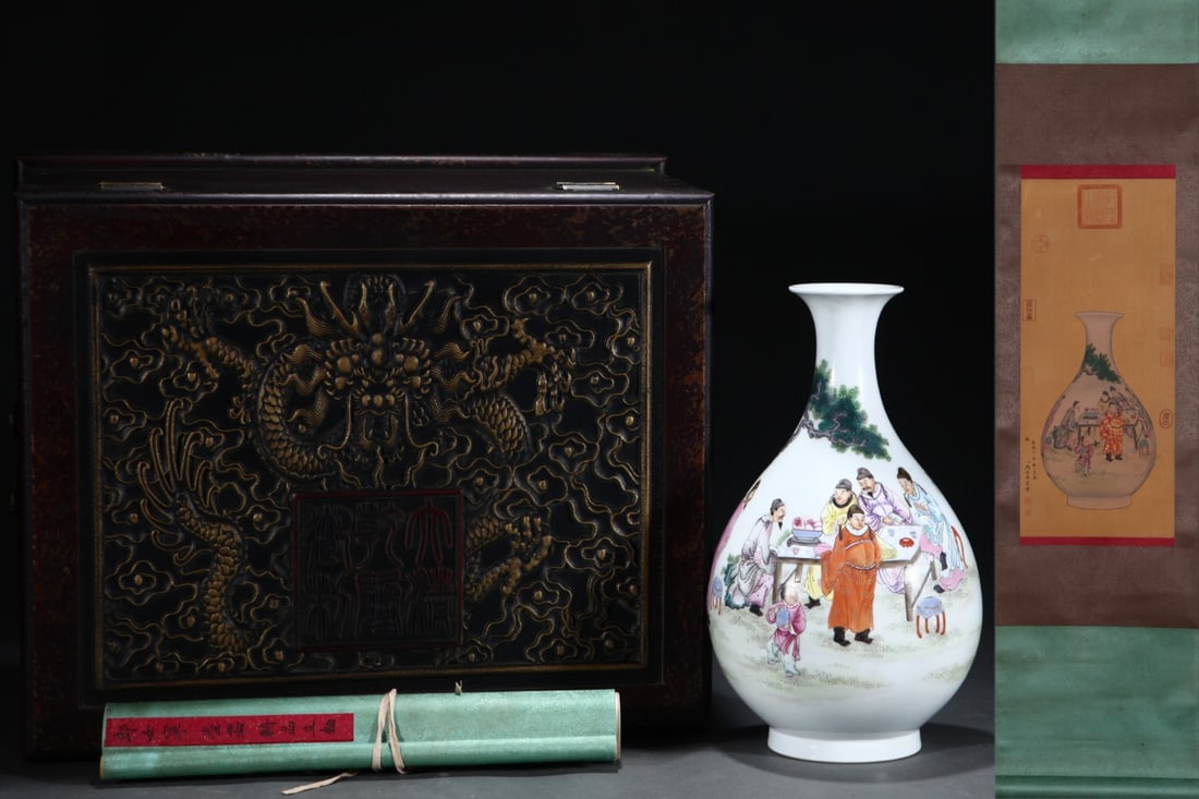 A Rare Famille rose yuhuchunping (pear-shaped vase) decorated with figural narrative, with a silk: A Rare Famille rose yuhuchunping (pear-shaped vase) decorated with figural narrative, with a silk painting hanging scroll,Qing Dynasty, China, Yongzheng Six-character Mark,Size:13.5inx7.8in,(Without f