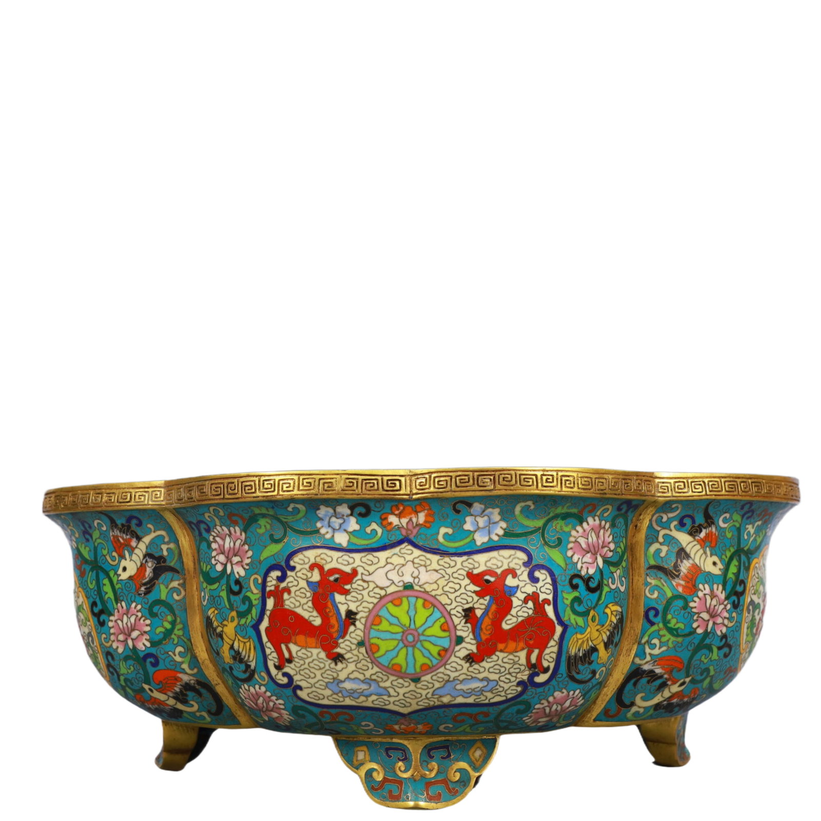 A Rare Cloisonne Flower Bats and Peach Pattern Four legs Brush Washer: A Rare Cloisonne Flower Bats and Peach Pattern Four legs Brush Washer, Qing Dynasty, China, Qianlong Four-character Mark, Size:14.2inx10.6inx5.3in, Weight:6000g 景泰蓝花卉