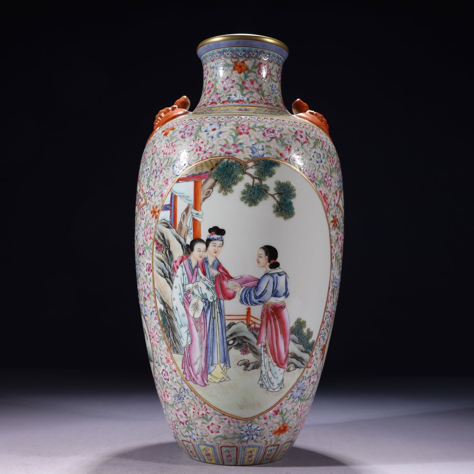 An Exquisite Famille-Rose Painted Gold Character and Story Pattern Beast-Ears Vase: An Exquisite Famille-Rose Painted Gold Character and Story Pattern Beast-Ears Vase,Qing Dynasty,China,Qianlong Four-character Mark,Size:5.9inx13.8in,Weight:1900g 粉彩描金ߟ