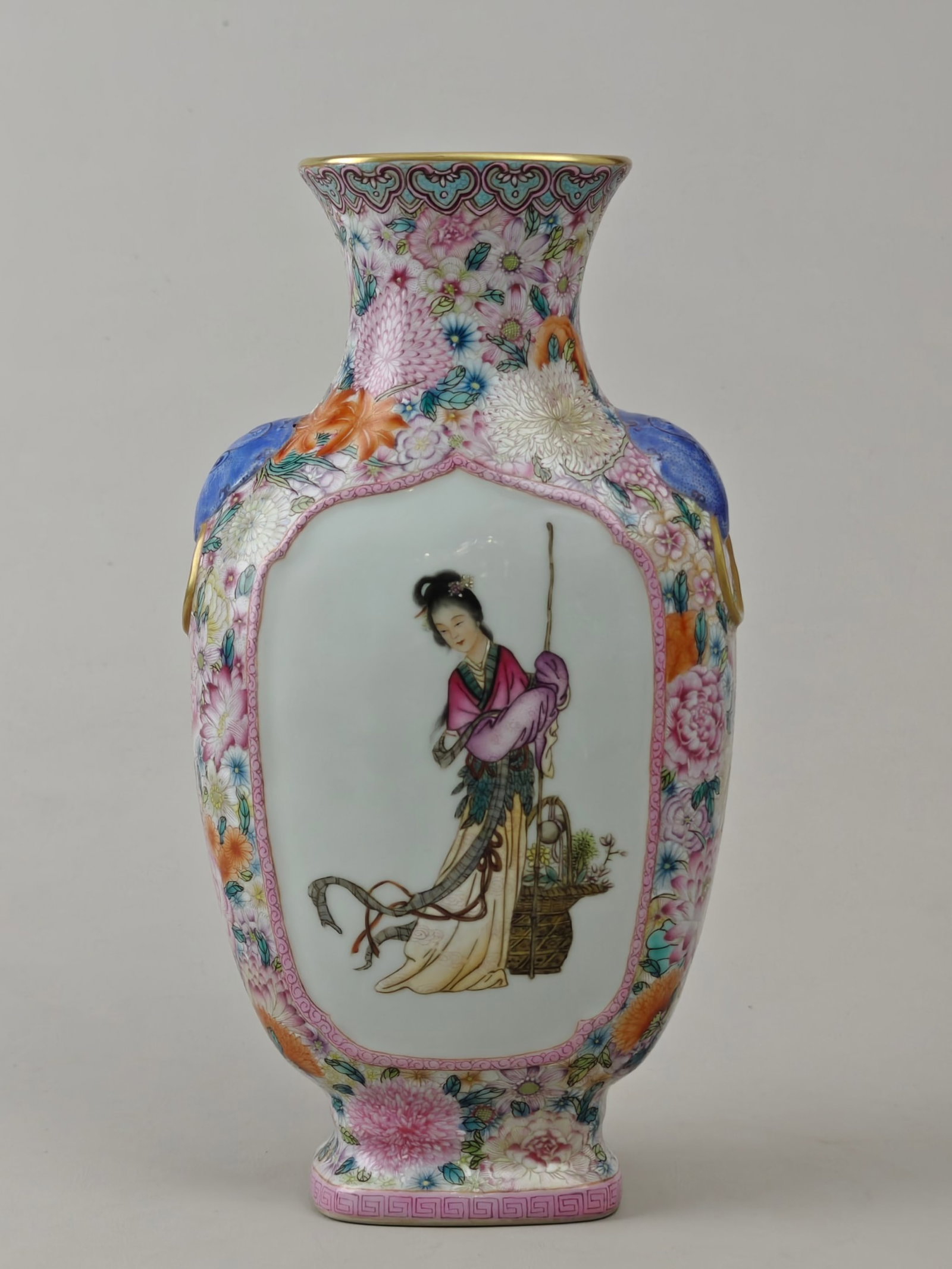 An Exquisite Famille-Rose Painted Gold Character and Story Pattern Beast-Ears Vase: An Exquisite Famille-Rose Painted Gold Character and Story Pattern Beast-Ears Vase,Qing Dynasty,China,Qianlong Six-character Mark,Size:9.9inx5.5in